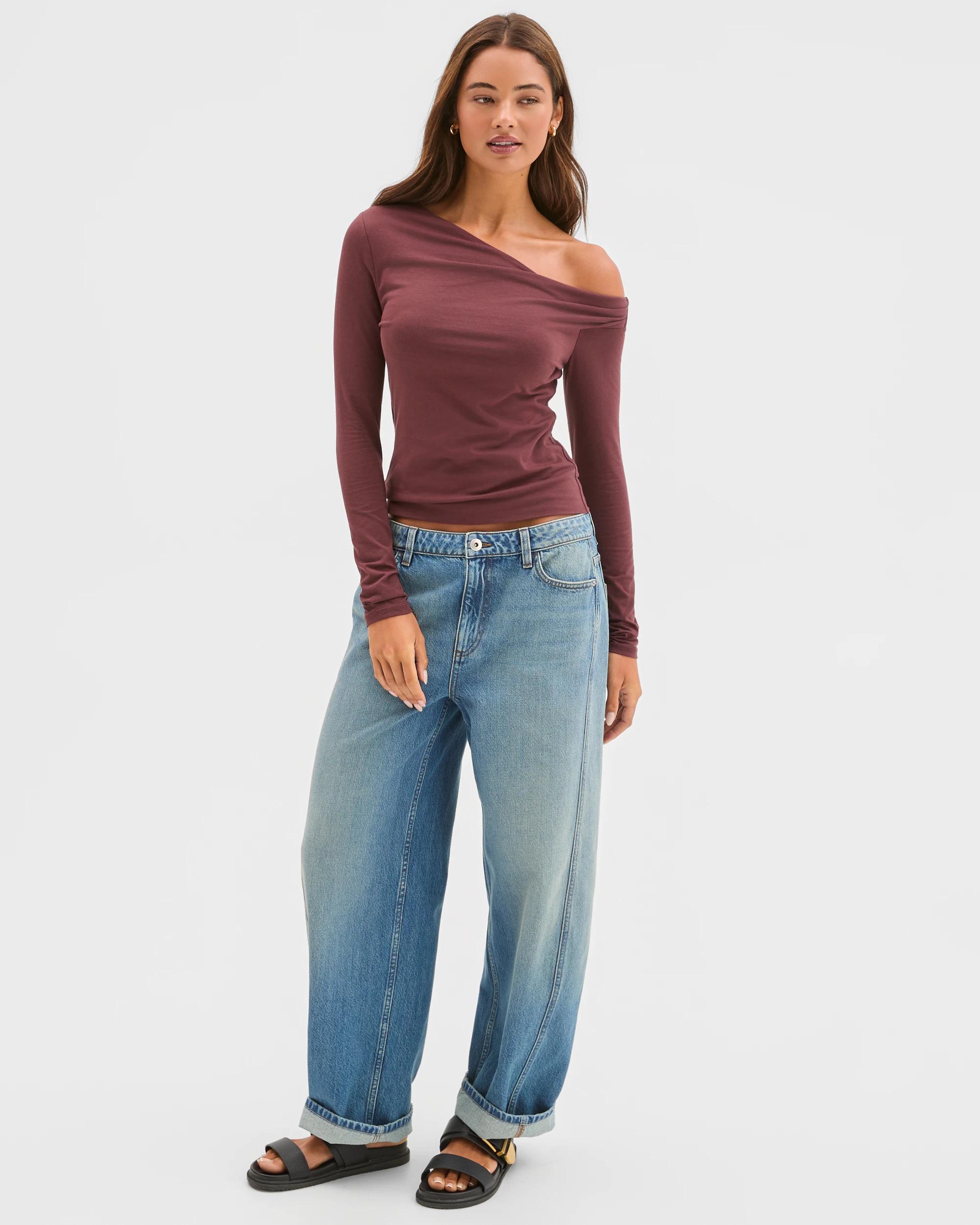 3 Lily Loves Australian Cotton Off Shoulder Long Sleeve Top BURGUNDY, 3 of 7