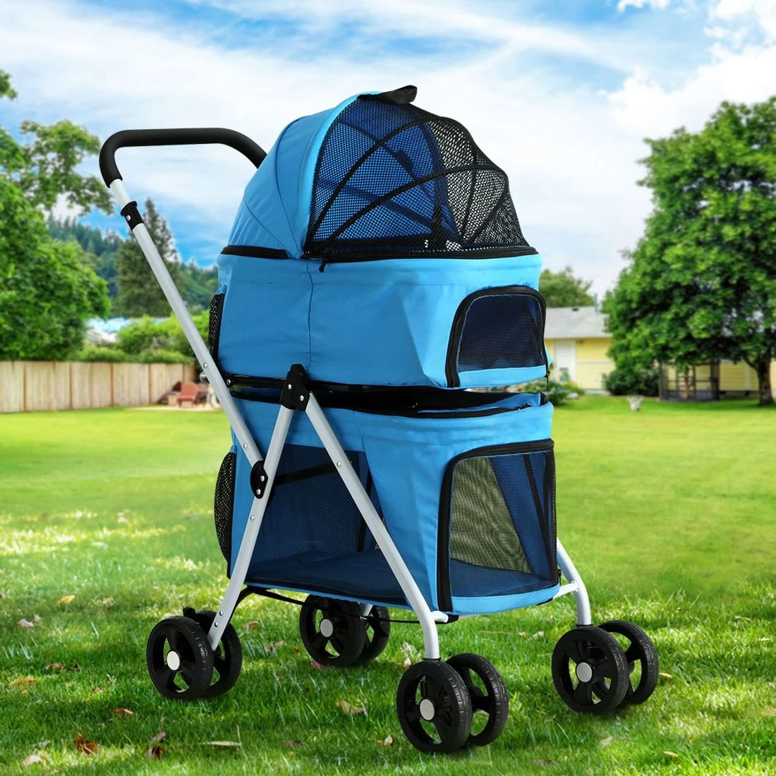 3 i.Pet Pet Stroller Dog Pram Large Cat Carrier Travel Pushchair Foldable 4 - Blue, 3 of 5
