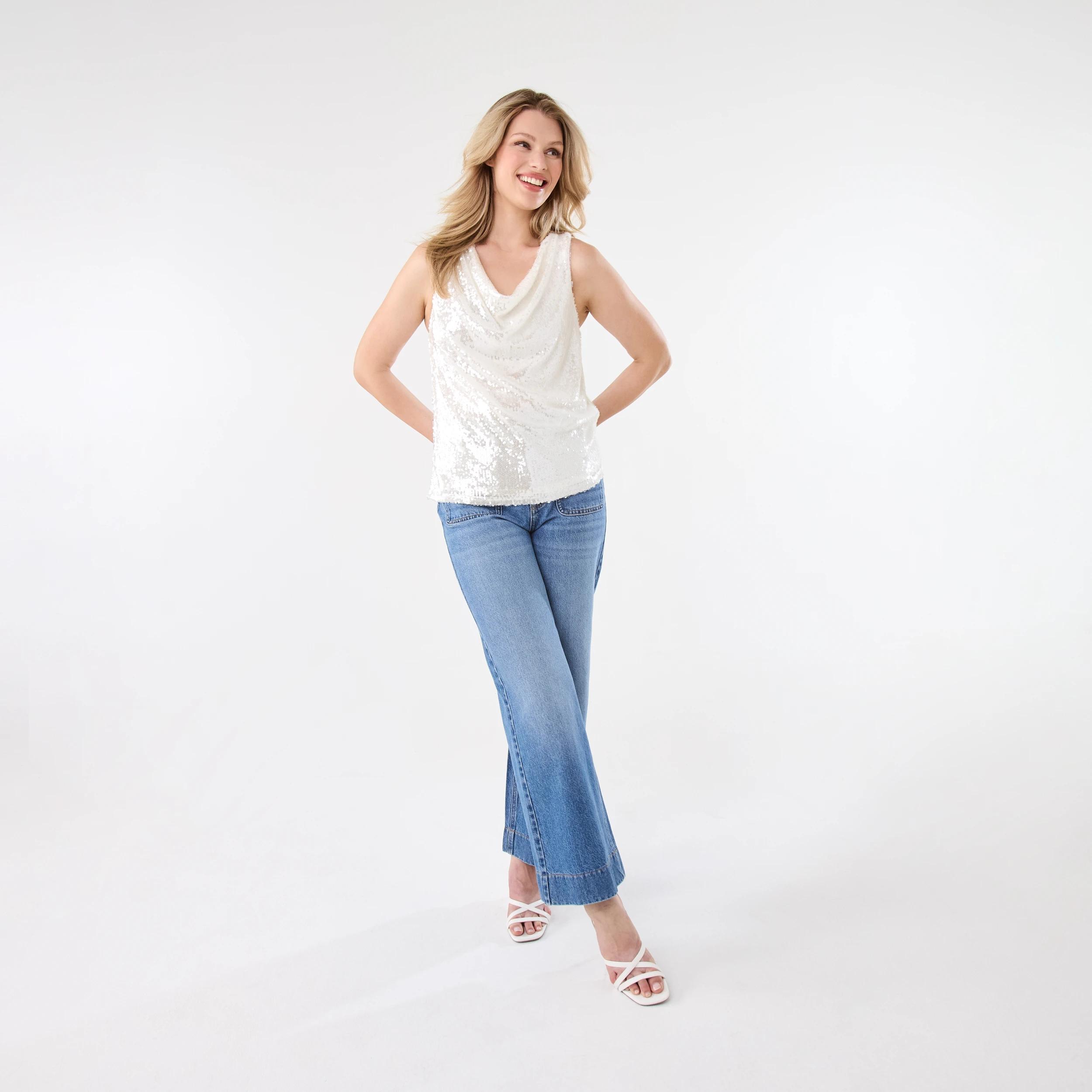 2 Sleeveless Sequin Cowl Neck Top White, 2 of 6