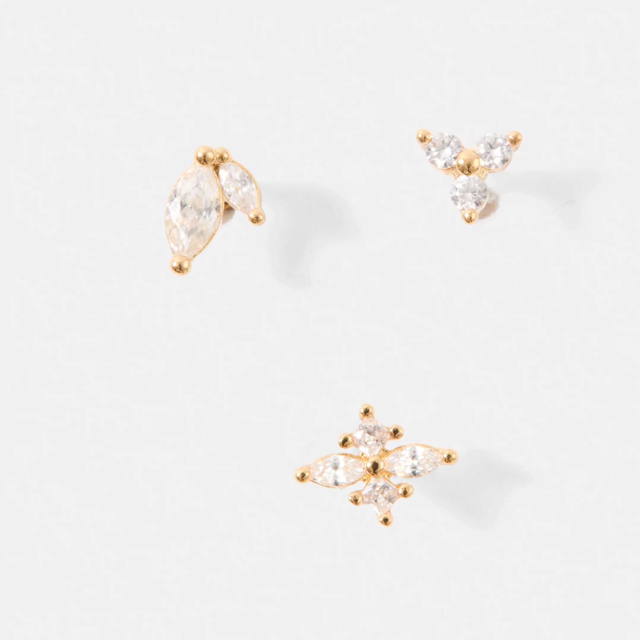 1 3 Pack Cubic Zirconia Ear Piercing Studs - Gold Tone GOLD, 1 of 4