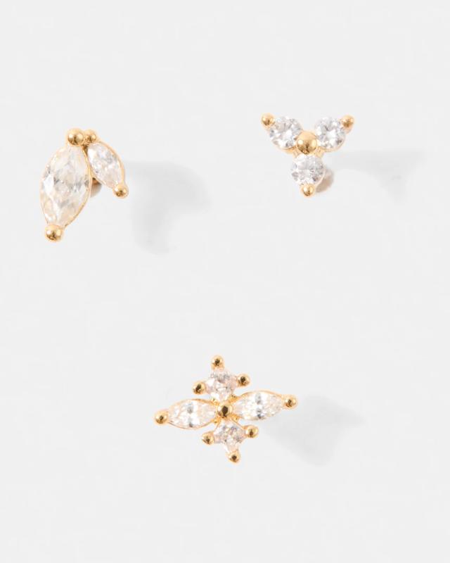 3 Pack Cubic Zirconia Ear Piercing Studs - Gold 