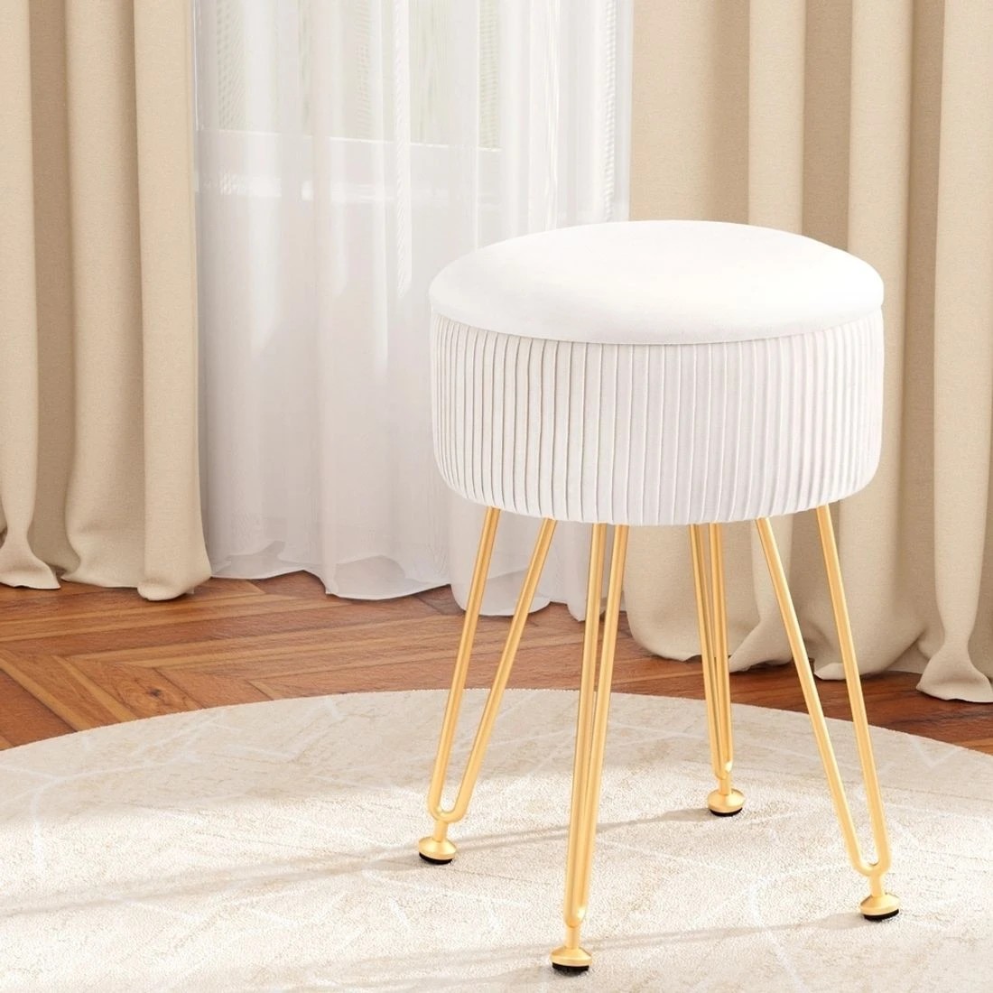 3 Artiss Ottoman Storage Foot Stool Vanity Velvet Round - White, 3 of 4