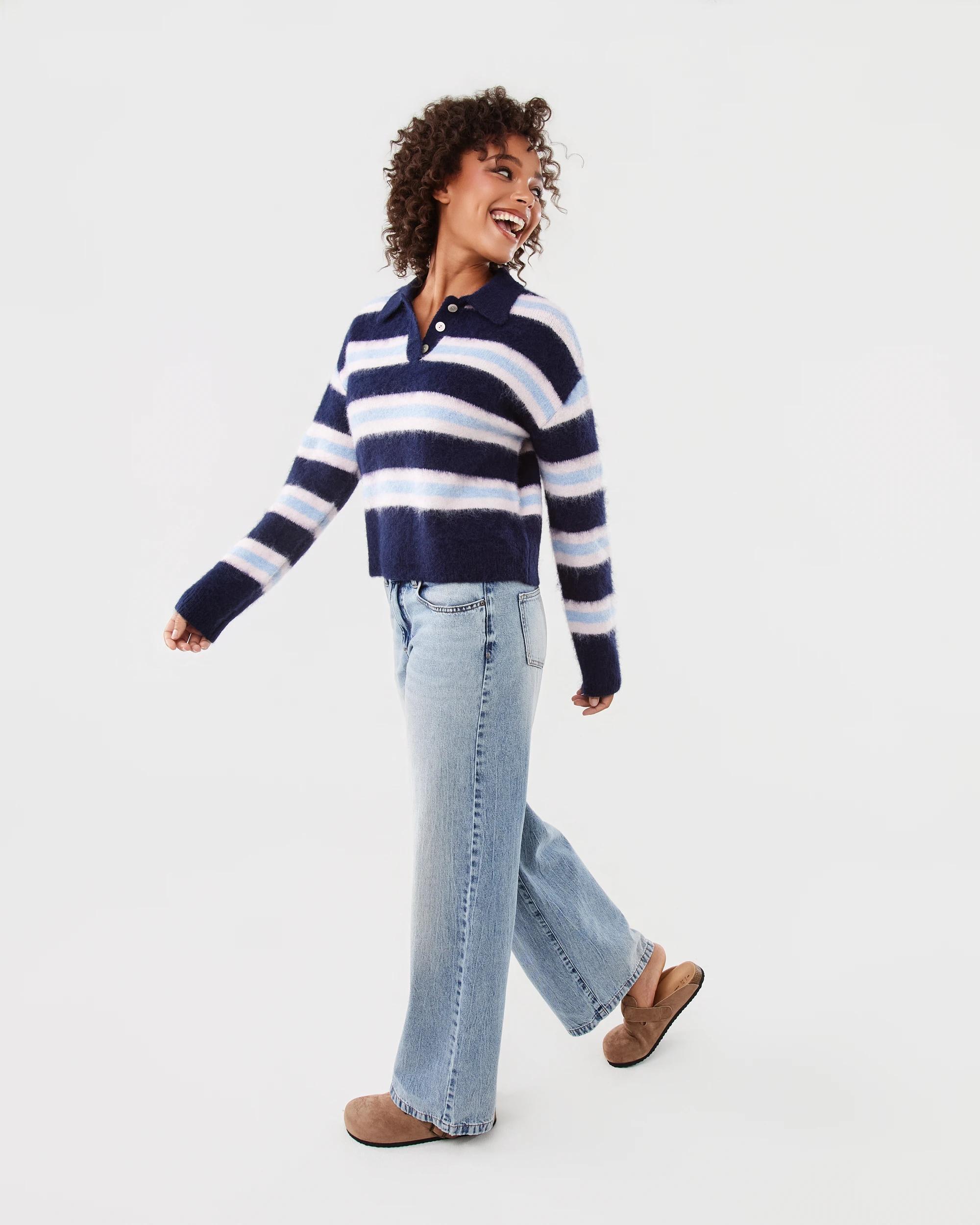 3 Long Sleeve Fluffy Polo Jumper Blu Stripe, 3 of 6