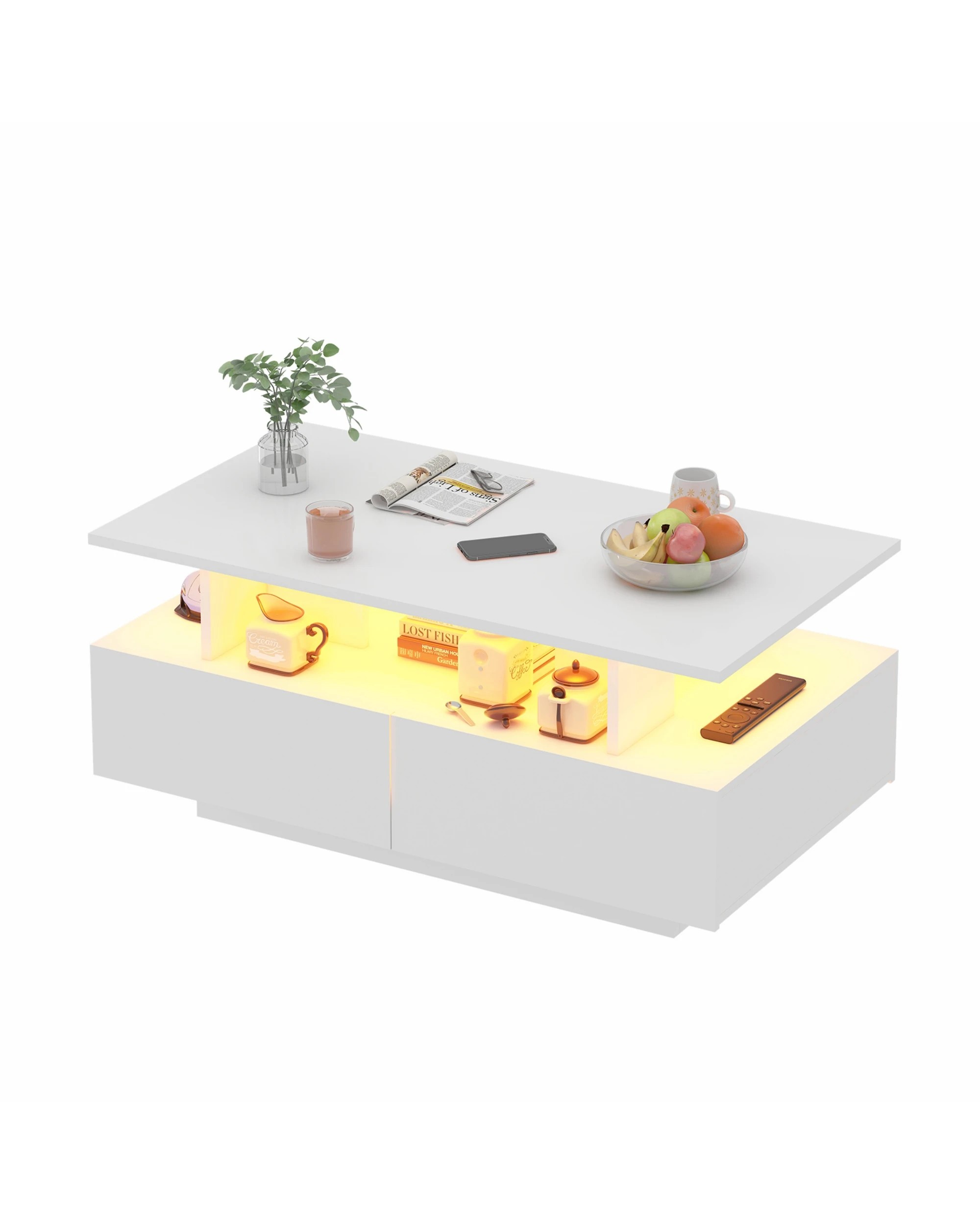 7 Advwin LED Coffee Table w/ 4 Storage Drawers High Gloss Central Table w/ Open Display Shelf, 7 of 8