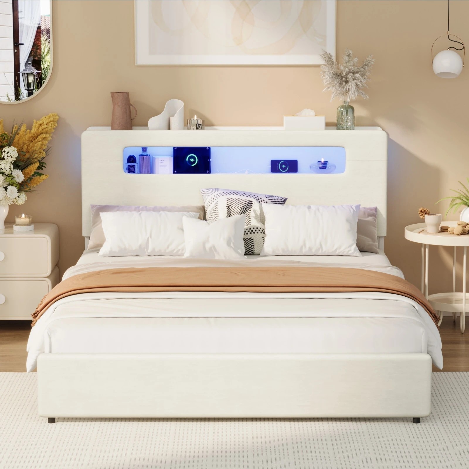 5 Oikiture Bed Frame Queen Size with LED Lights USB Charging Storage Headboad - White, 5 of 8