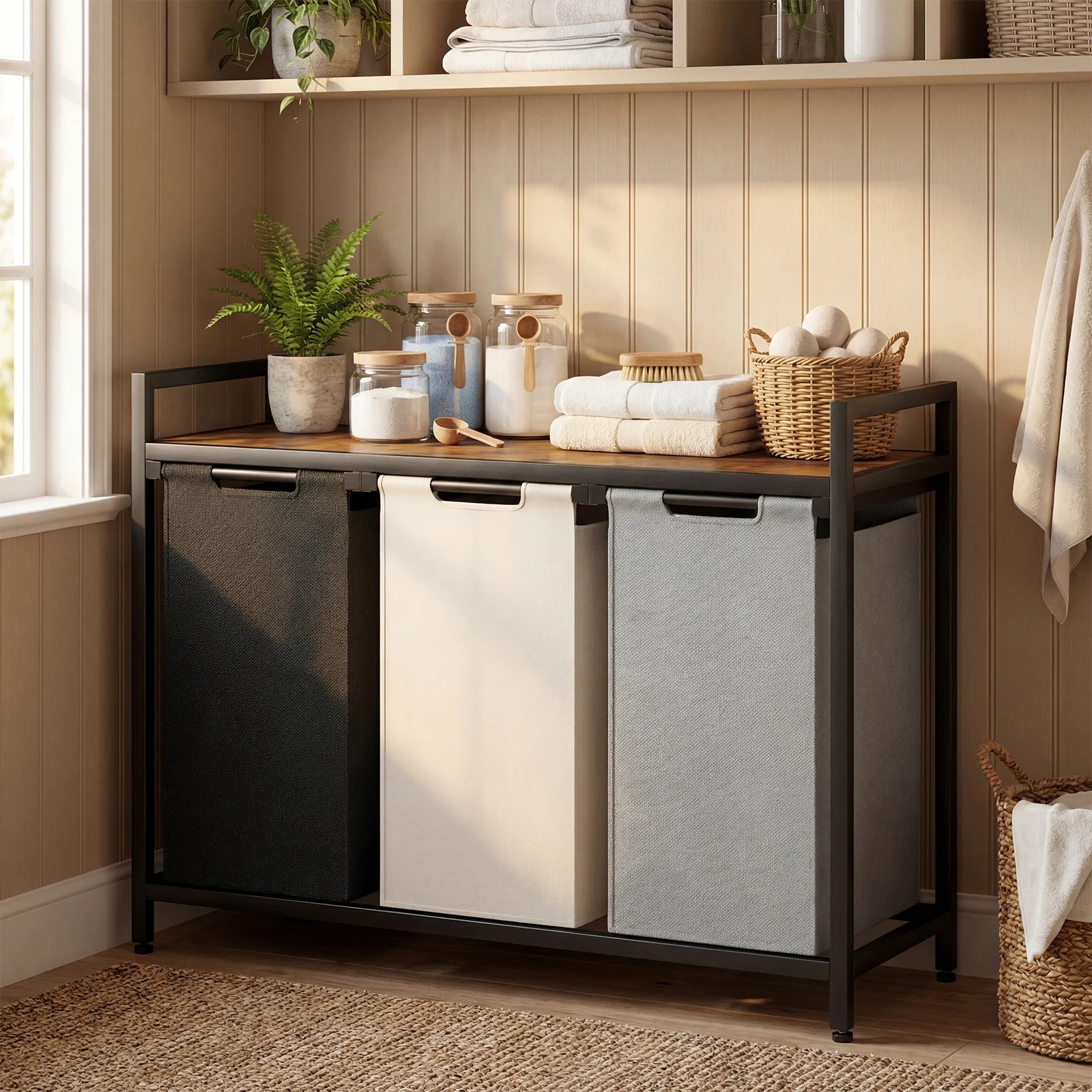 7 Advwin 3 x 40L Laundry Sorting Hamper with Wheels Storage Shelf - Brown, 7 of 8
