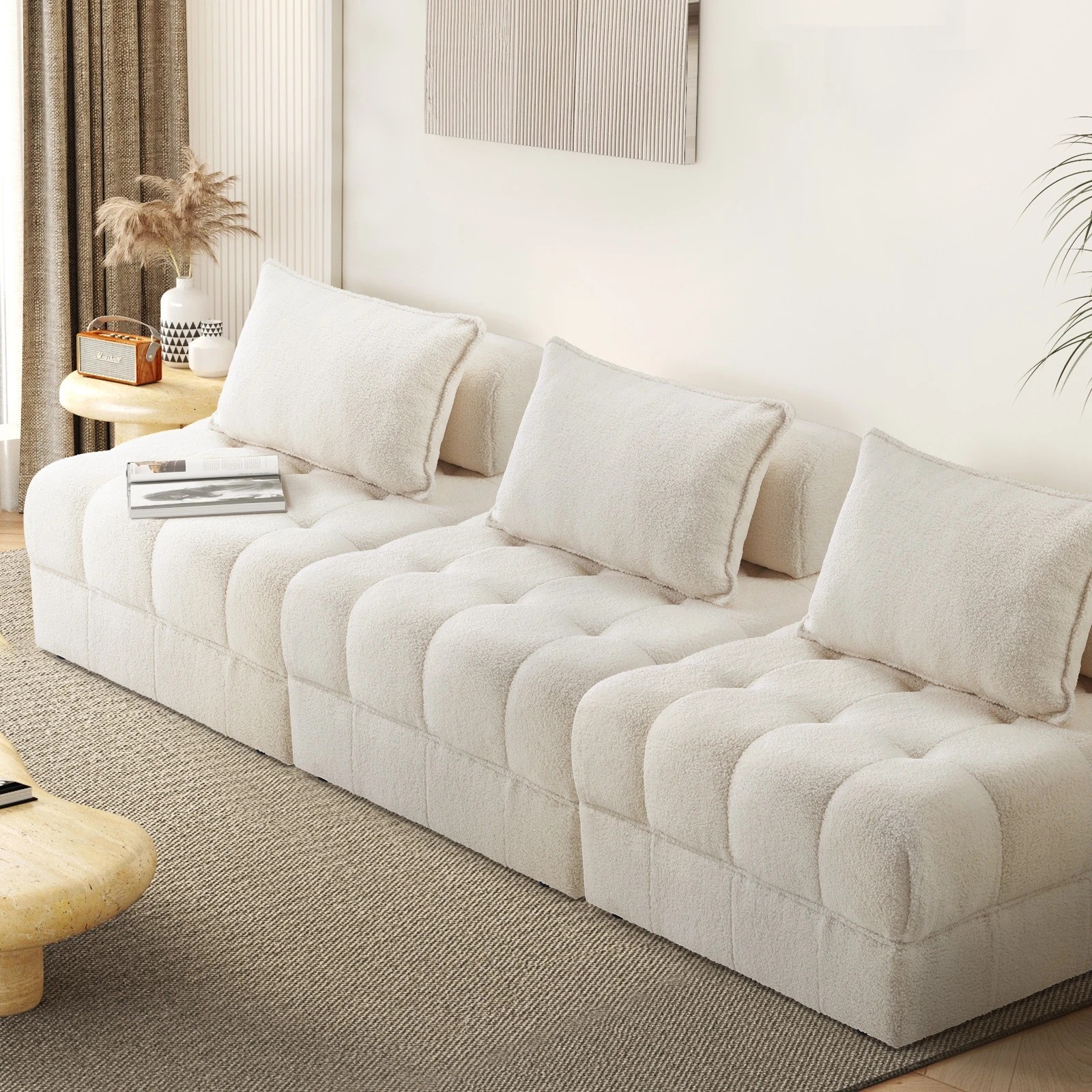 2 Oikiture 3 Seater Boucle Modular Sofa Lounge Chair Armless Tofu Back
 - White - White, 2 of 10