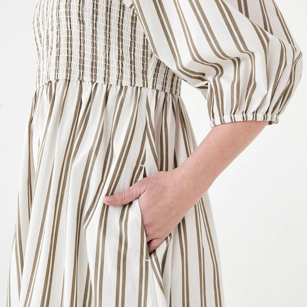 6 Short Sleeve Shirred Bodice Midi Dress TAYLOR STRIPE BURNT OLIVE, 6 of 6