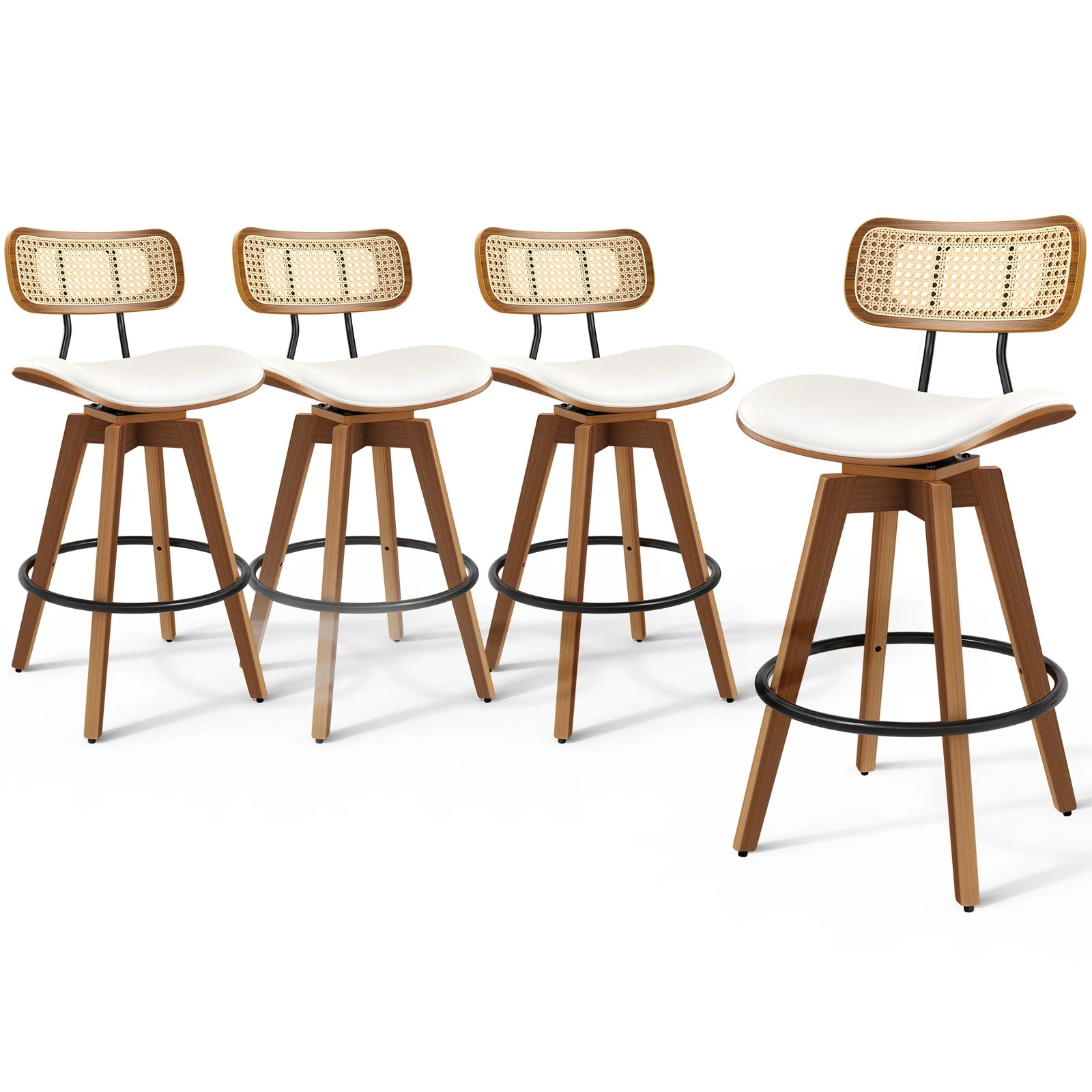 1 Alfordson 4x Bar Stools Kitchen Vintage Leather Seat Rattan Chair - White, 1 of 9