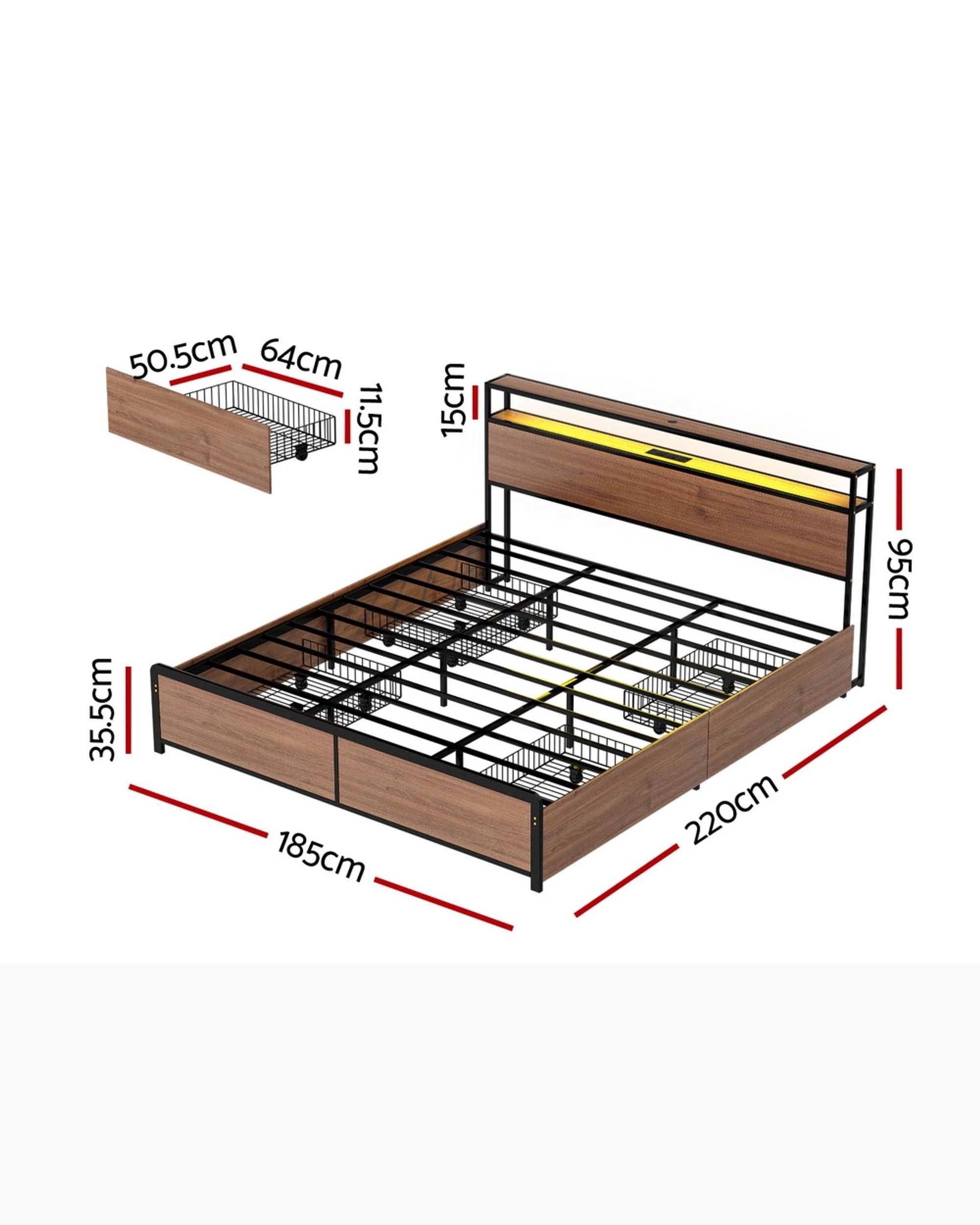2 Artiss Metal Bed Frame King Size LED Storage Headboard USB Charge 4 Drawers - Black, 2 of 6
