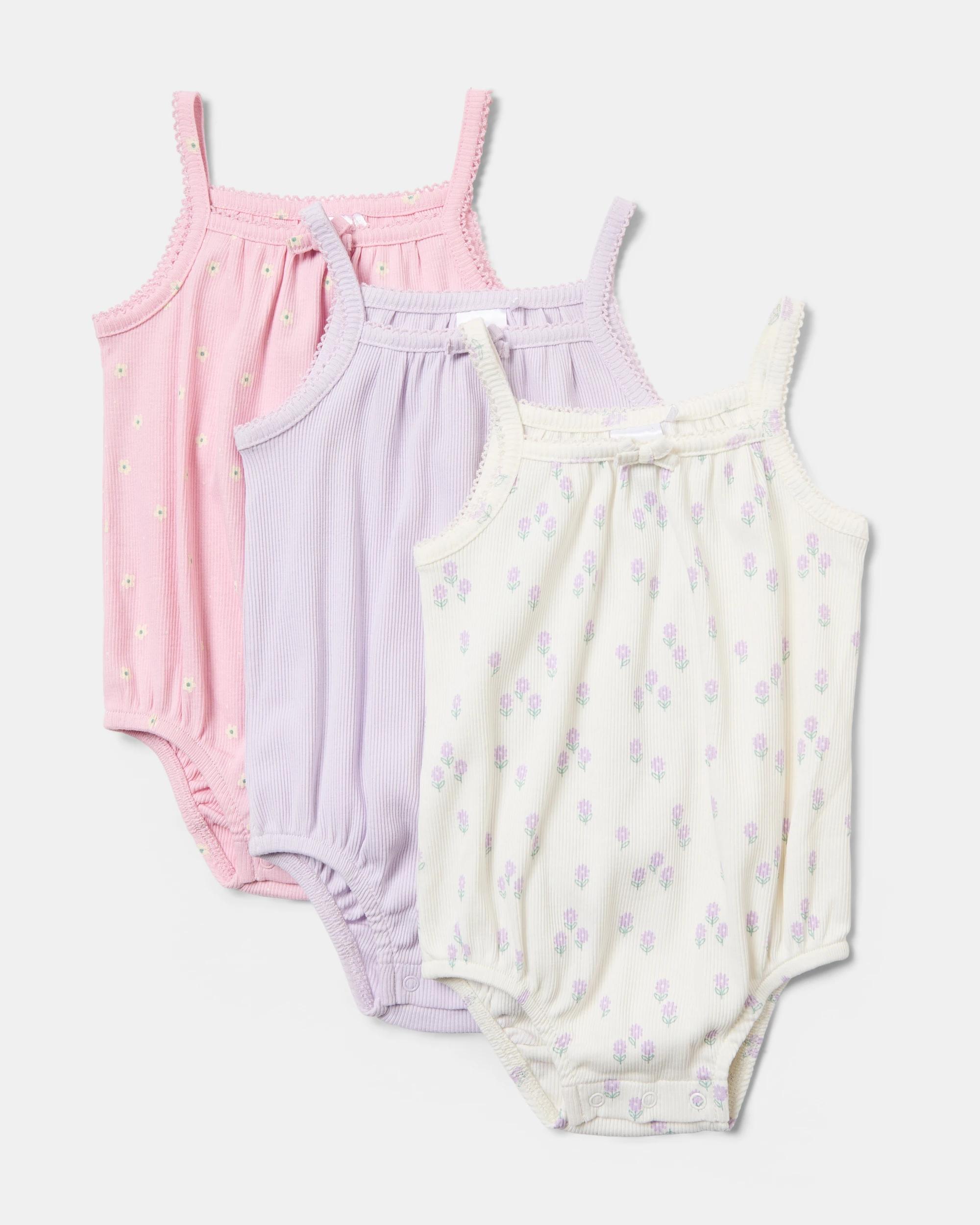 1 3 Pack Sleeveless Rib Bodysuits Daisies, 1 of 9