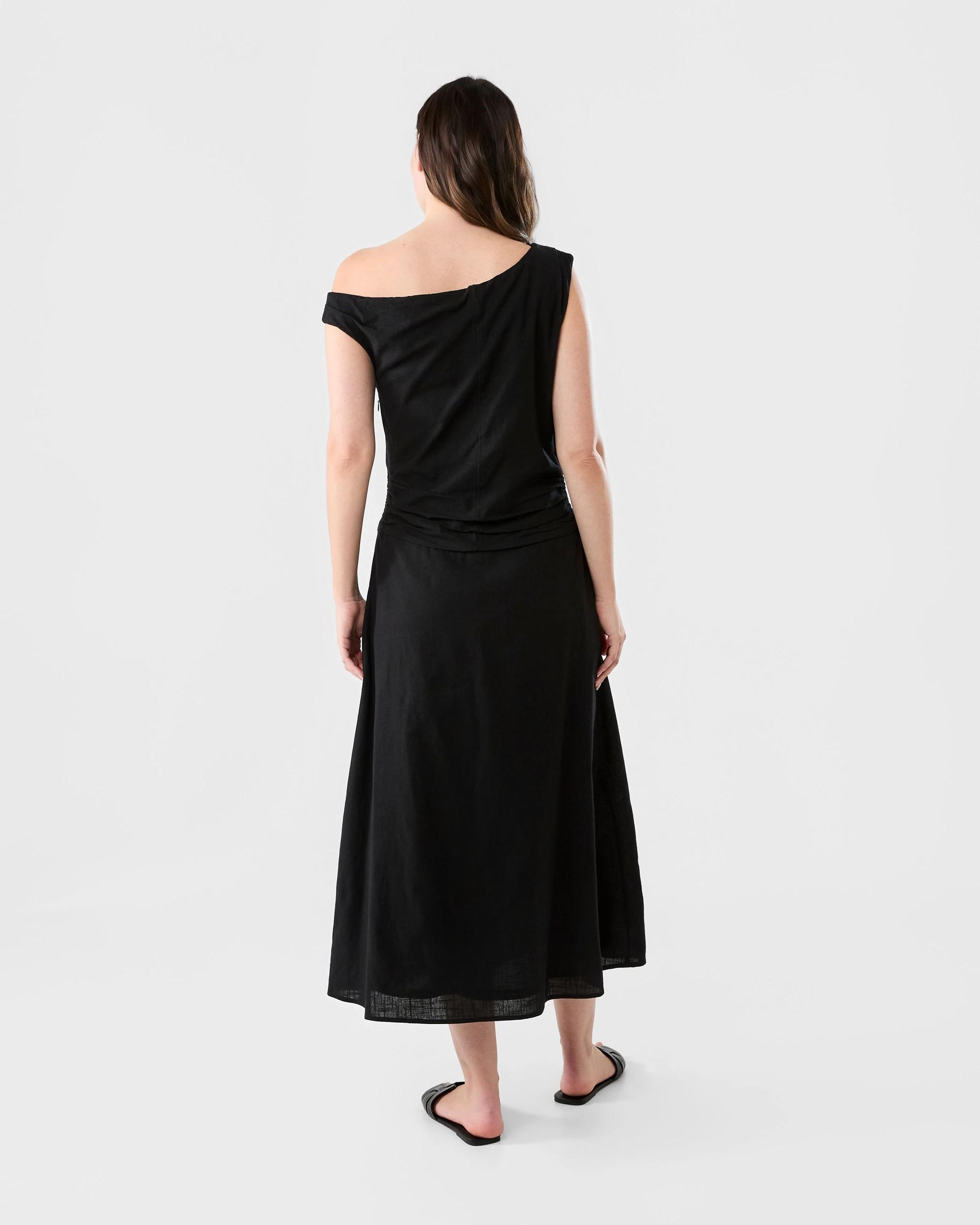 3 Sleeveless Asymmetrical Off Shoulder Midi Dress Black, 3 of 5