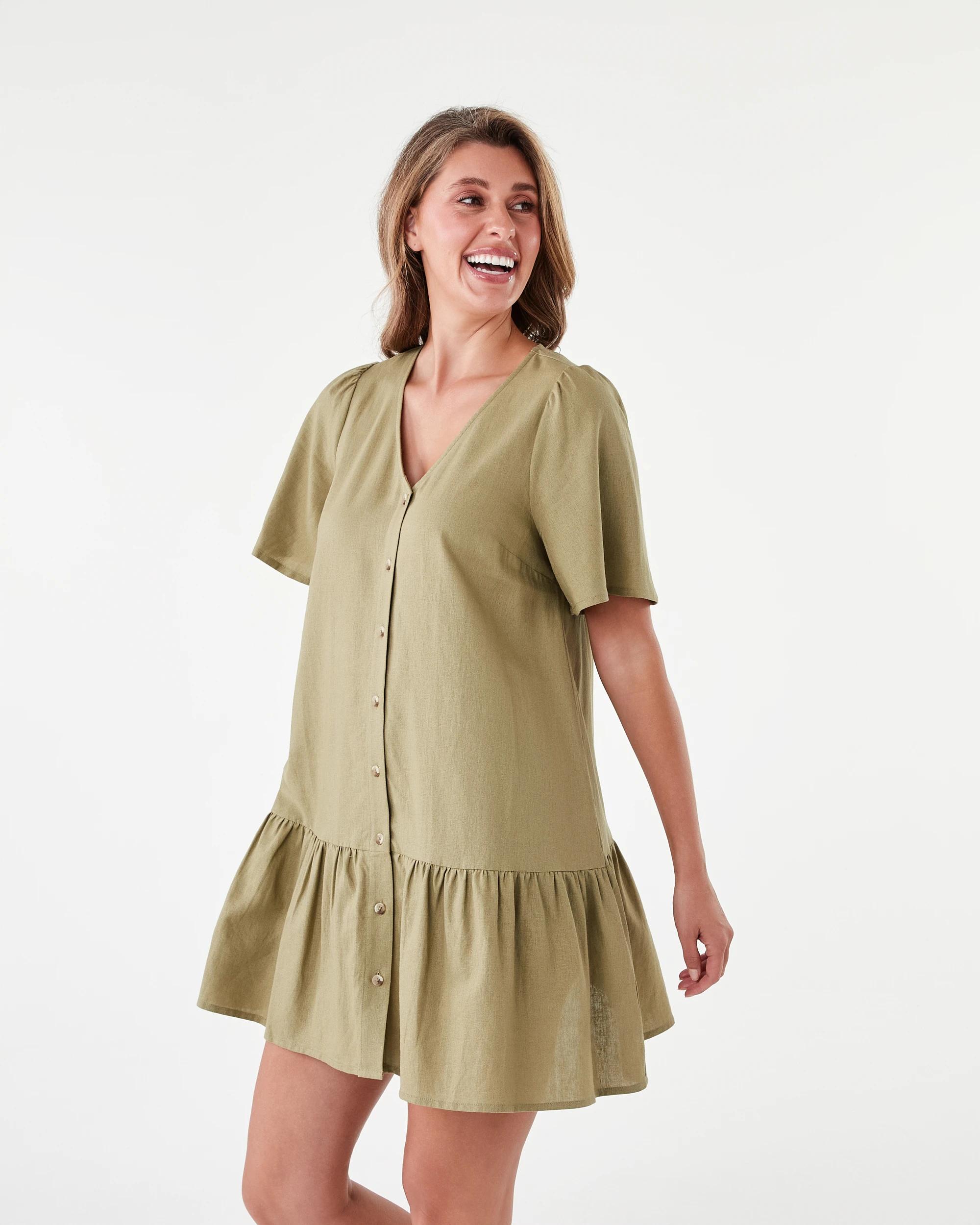 2 Short Sleeve Linen Blend Drop Tier Mini Dress Urban Grn, 2 of 8