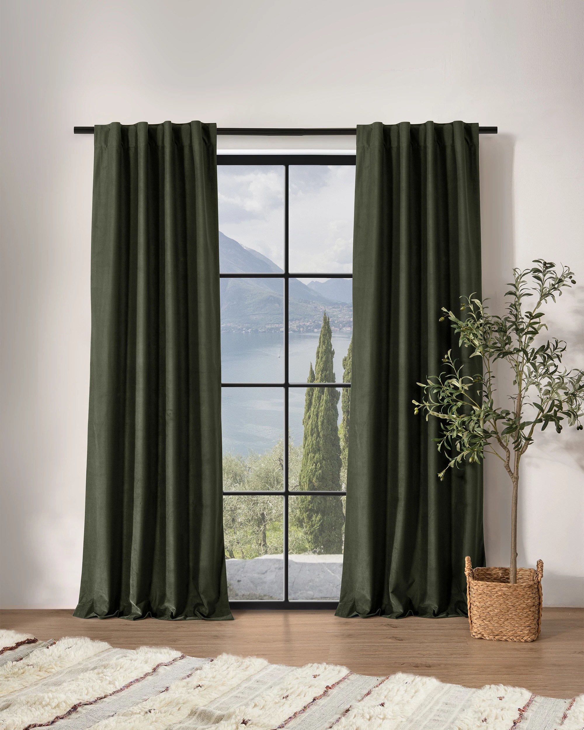1 Cadence & Co. Byron Matte Velvet 100% Blockout Concealed Tab Top Curtains Twin Pack 135x223cm - Olive, 1 of 7