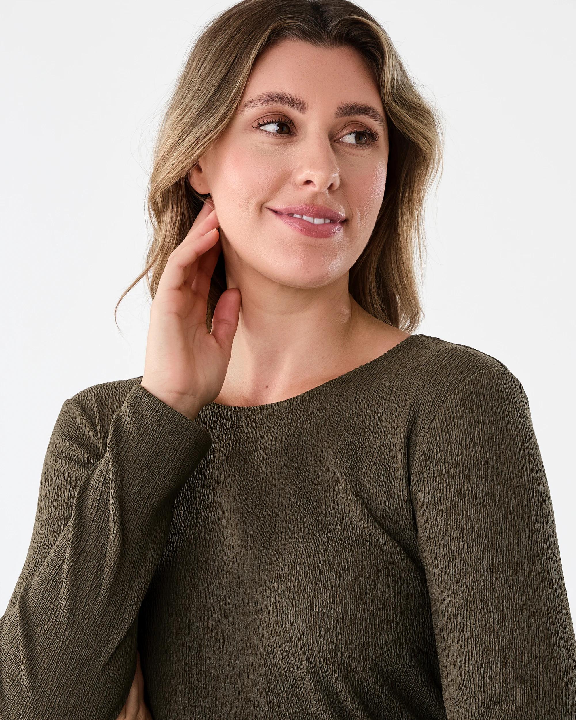 4 Long Sleeve Asymmetrical Lace Trim Top Deep Olive, 4 of 7