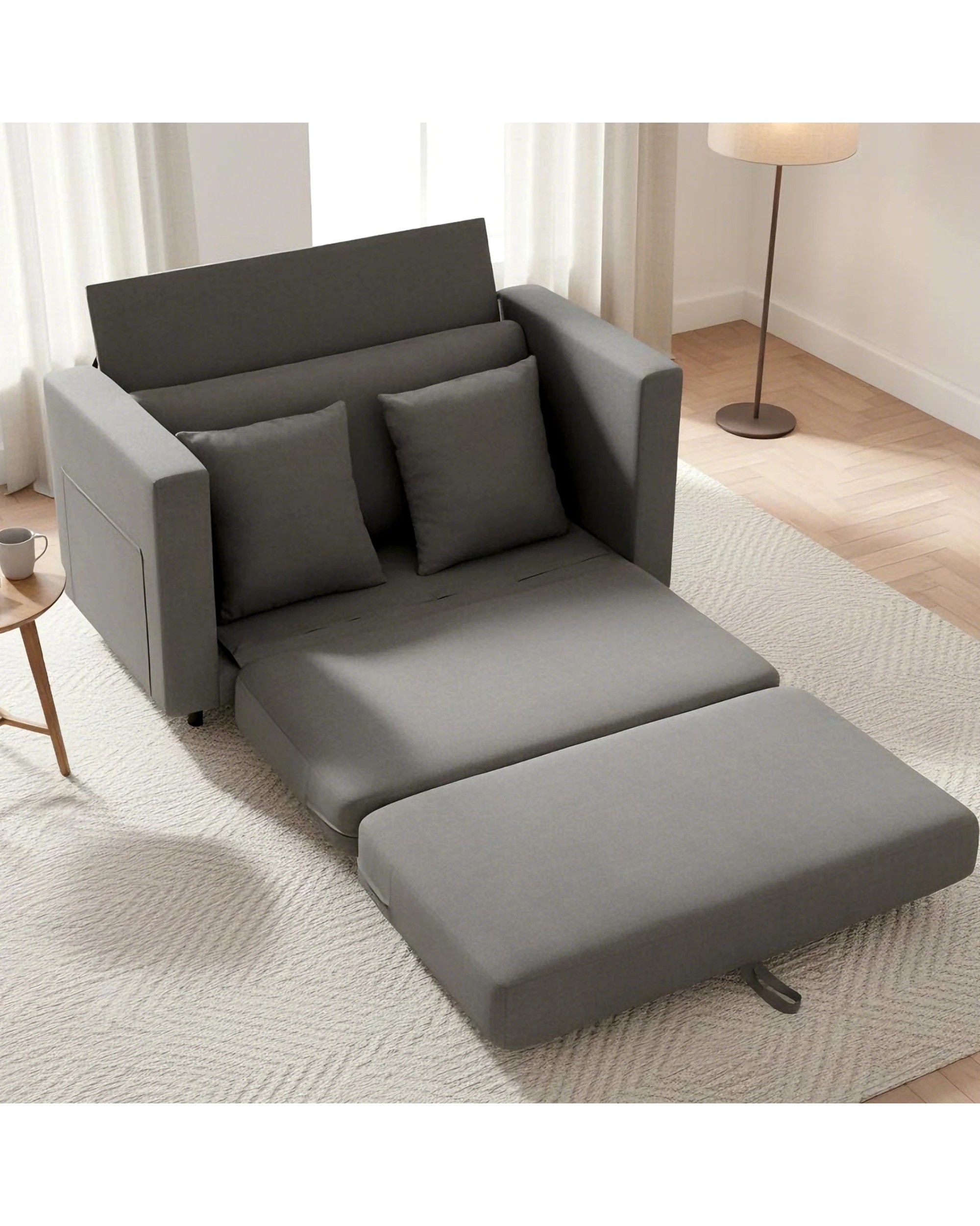 4 Advwin 130cm 2 in 1 Convertible Sofa Bed w/ Side Pocket & Pillows Folding Loveseat Sleeper Fold Out Linen Floor Couch, 4 of 9