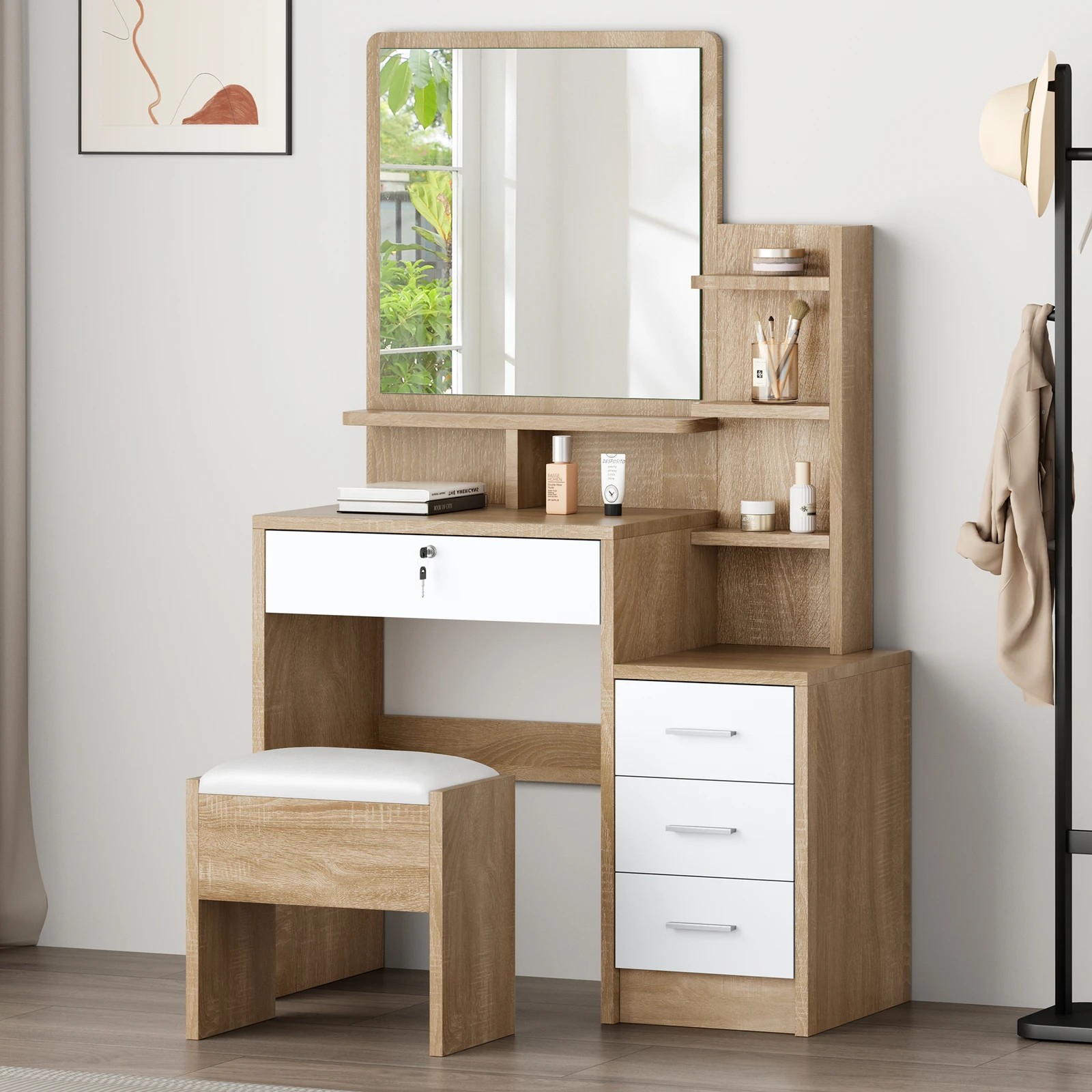 1 Alfordson Dressing Table Stool Makeup Mirror Vanity Desk - Natural, 1 of 10