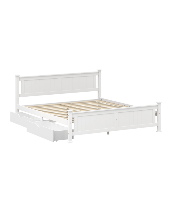 Oikiture Solid Pine Wood Bed Frame with 2 Trundle Drawers King - White