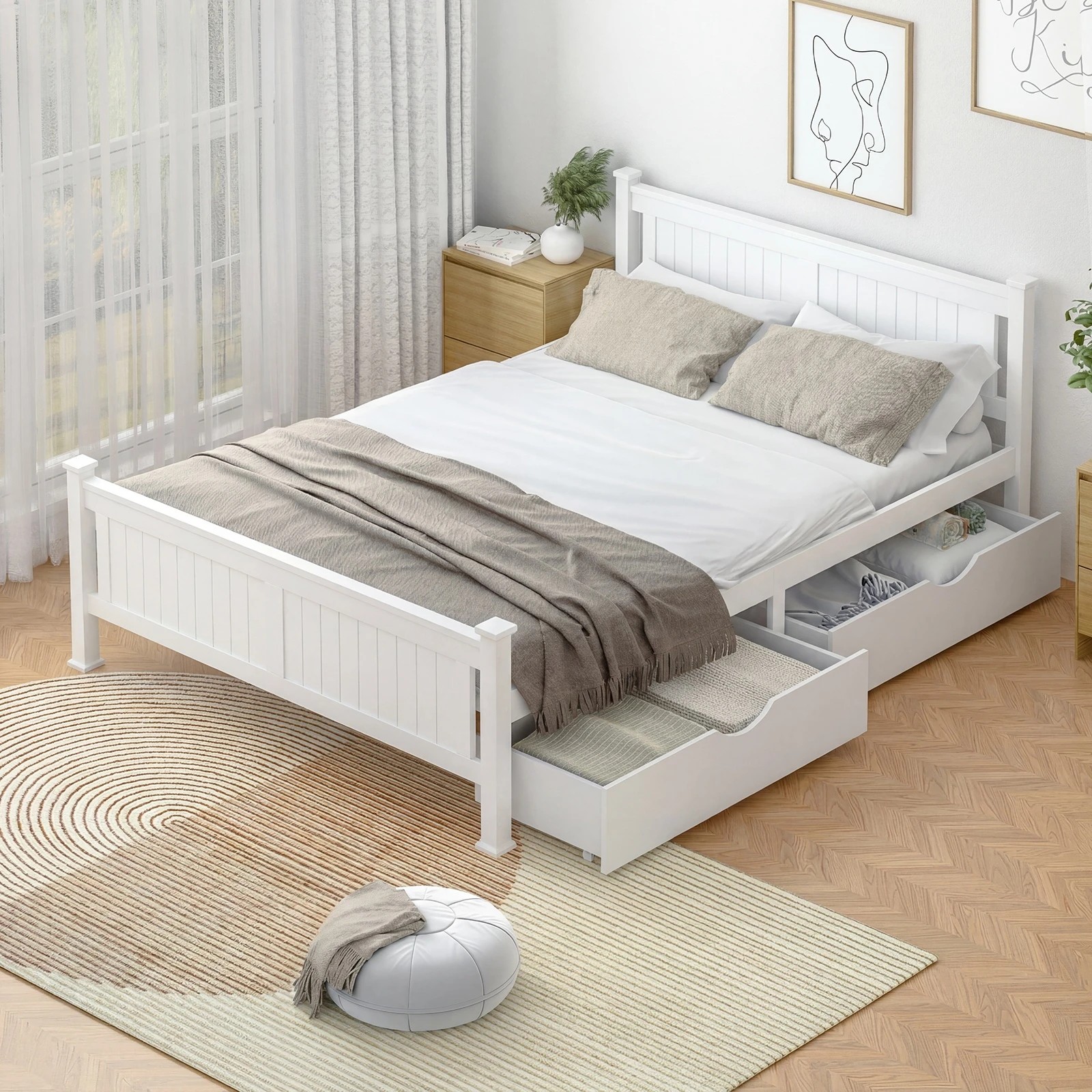 Oikiture Solid Pine Wood Bed Frame with 2 Trundle Drawers King - White ...