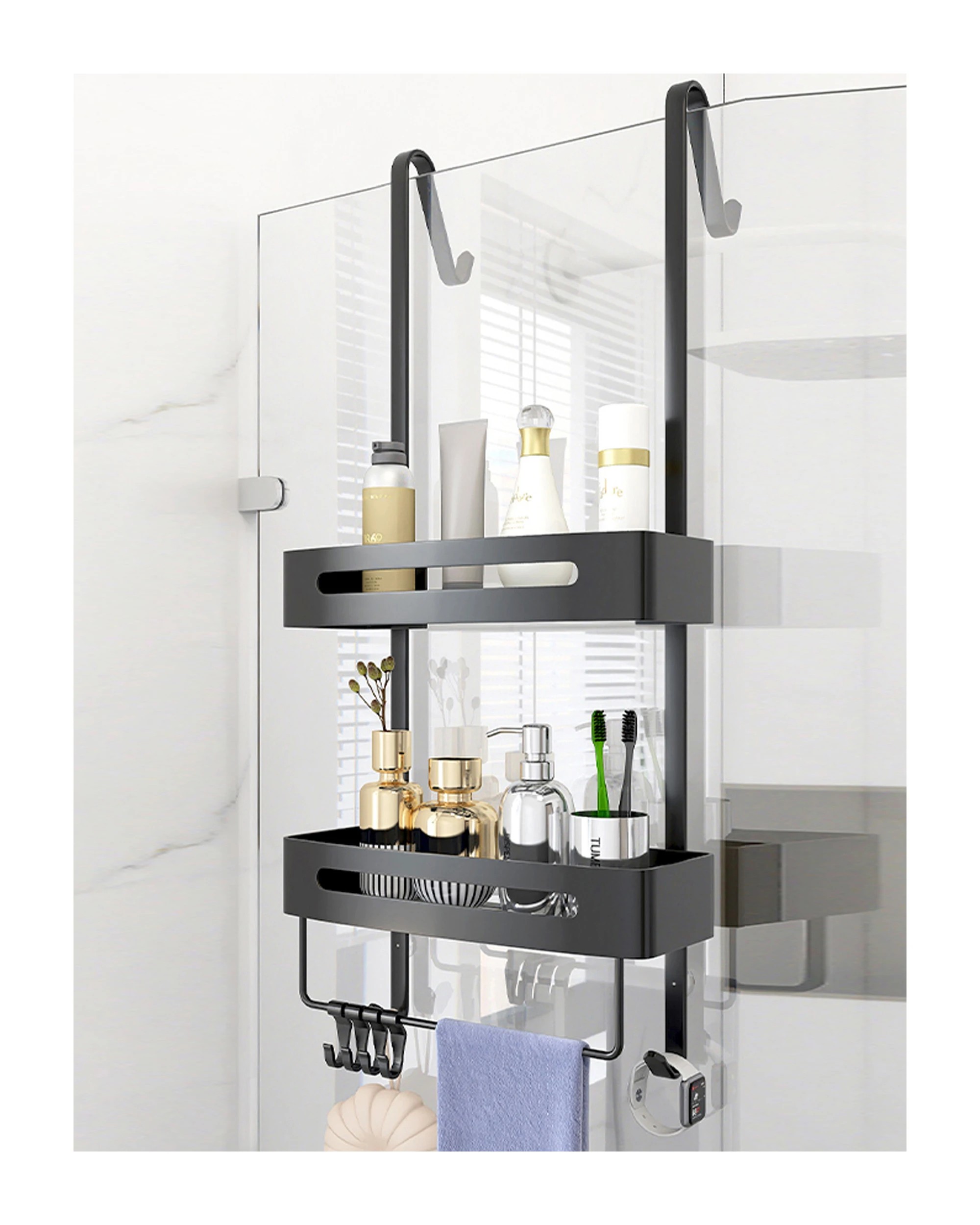 2 2 Tier Bathroom Shower Caddy Aluminium Alloy Rust Free Waterproof Bath Storage w/ Crossbar Rack- Carbon Grey - Grey, 2 of 4