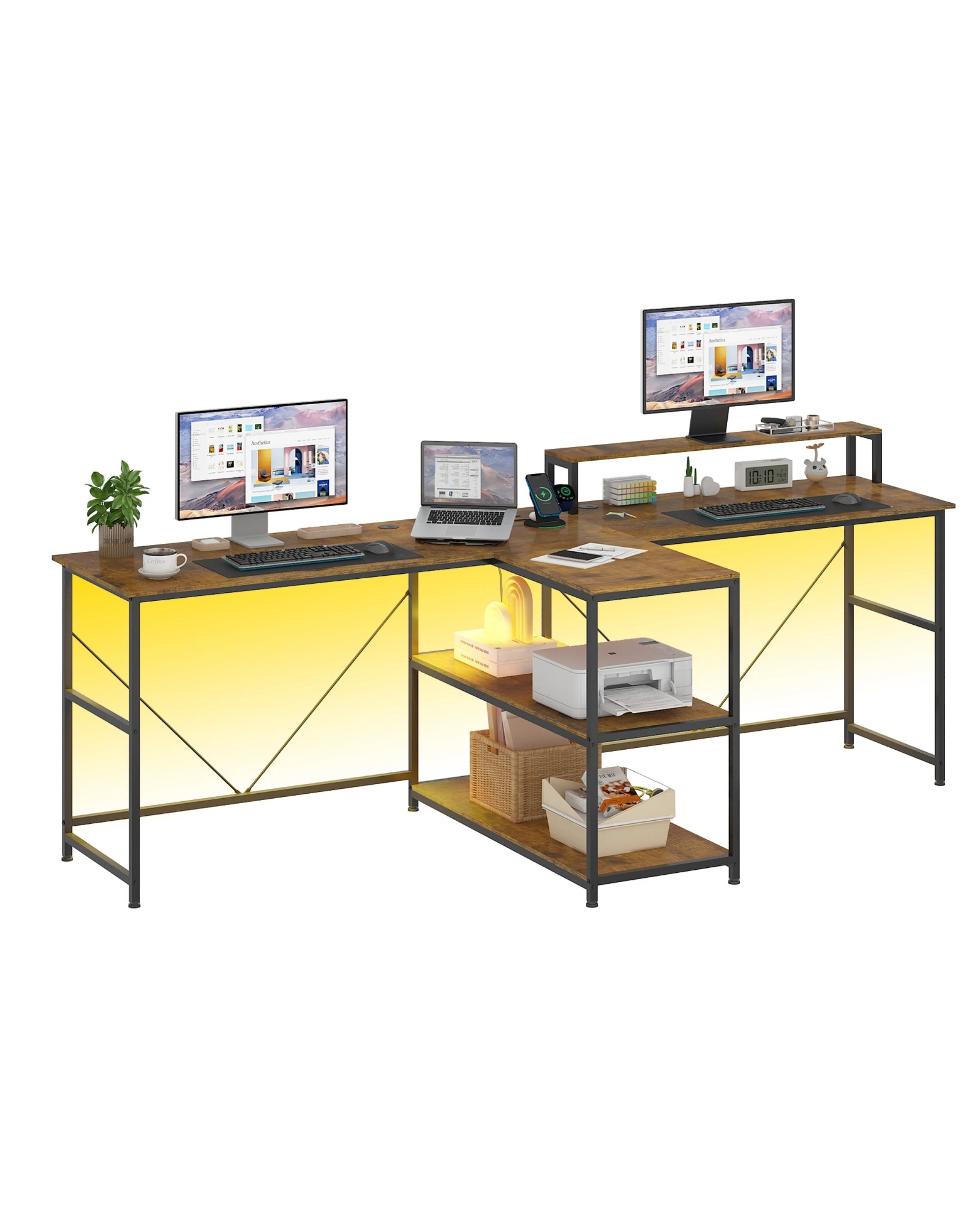 1 Advwin 236cm 2 Person LED Gaming  Computer Desks w/ Power Outlets - Brown, 1 of 9