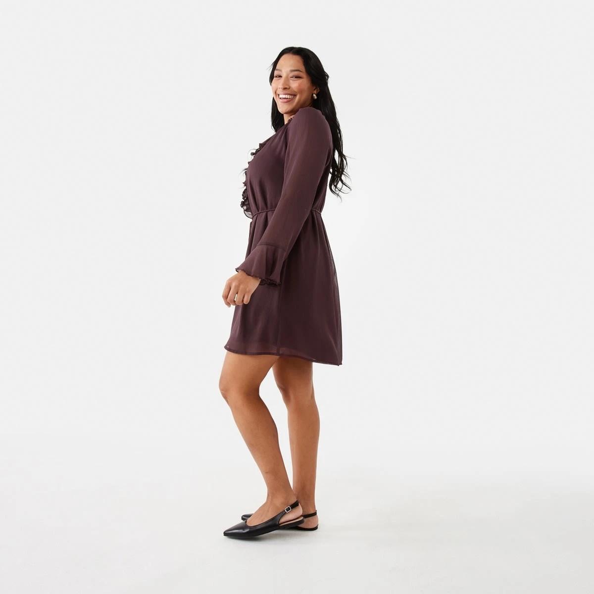 3 Long Sleeve Ruffle Mini Dress Mulberry, 3 of 10