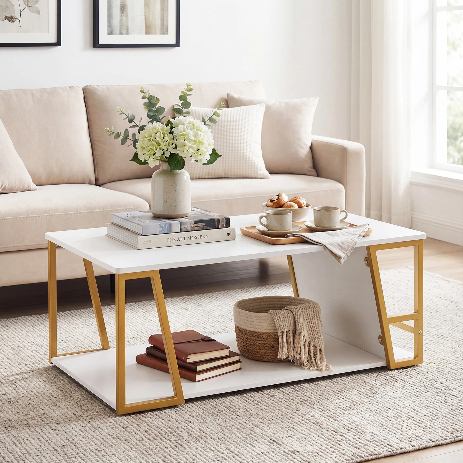 4 Costway 2-Tier Coffee Table Rectangle Center Table w/Geometric Metal Frame, 4 of 6
