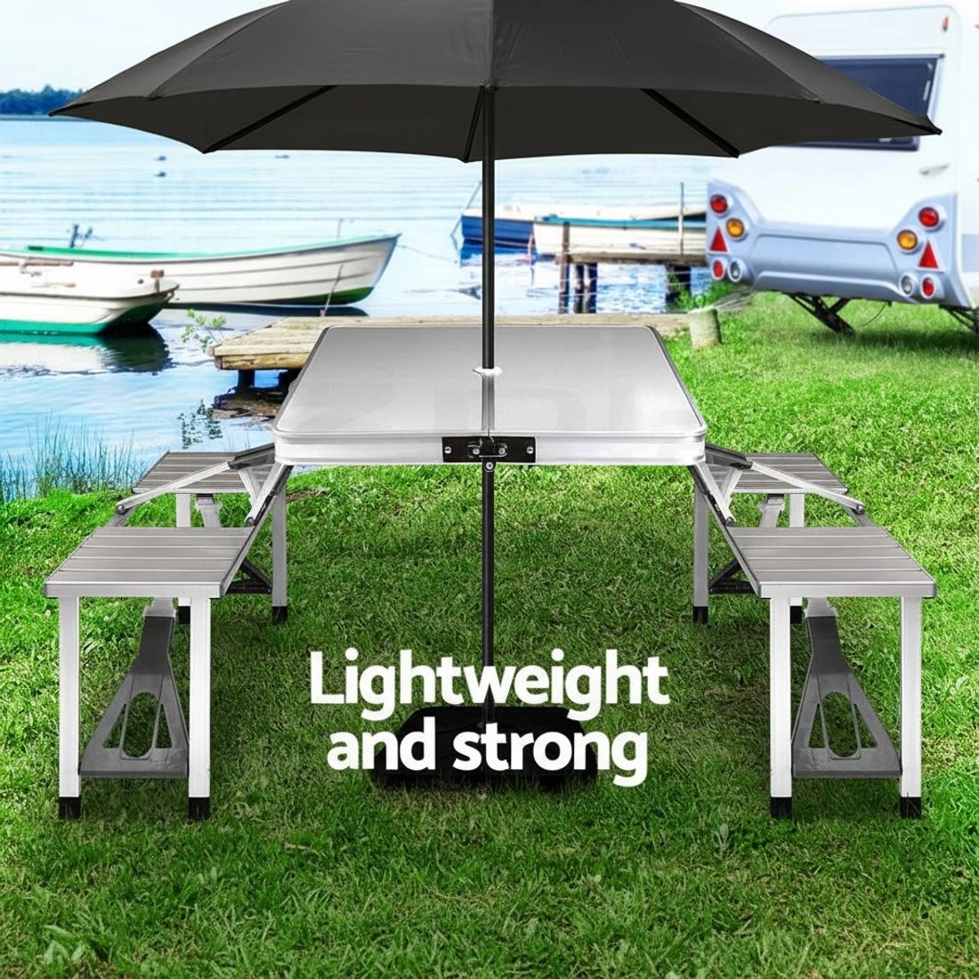 4 Weisshorn Folding Camping Table Outdoor Picnic BBQ With 2 Bench Chairs Set - Silver, 4 of 6