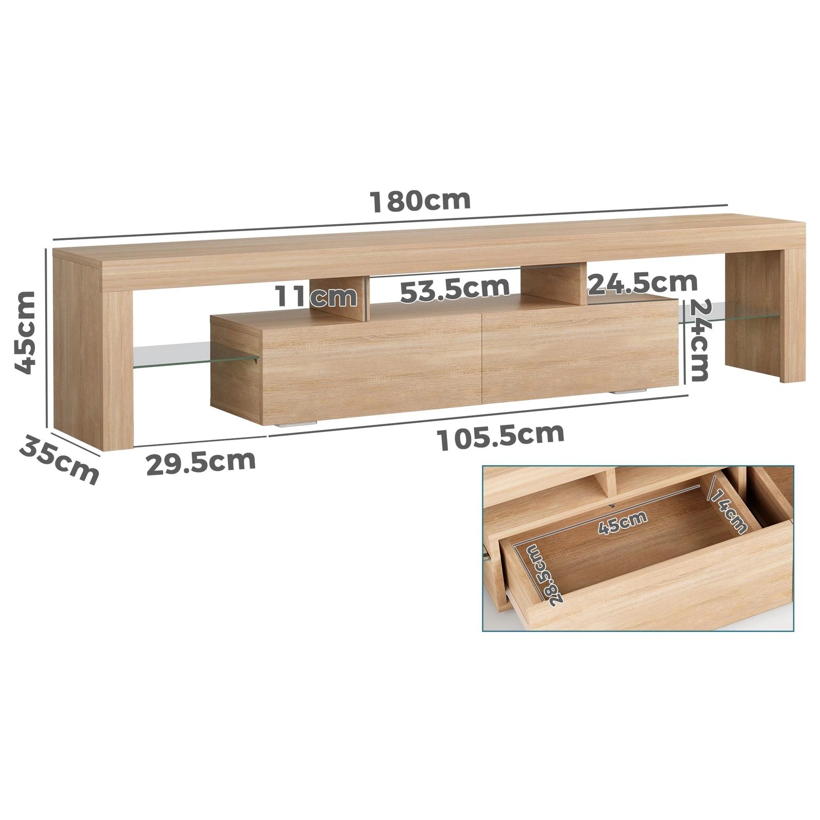 2 Alfordson Entertainment Unit 180cm TV Stand LED Light Storage Drawer - Oak, 2 of 10