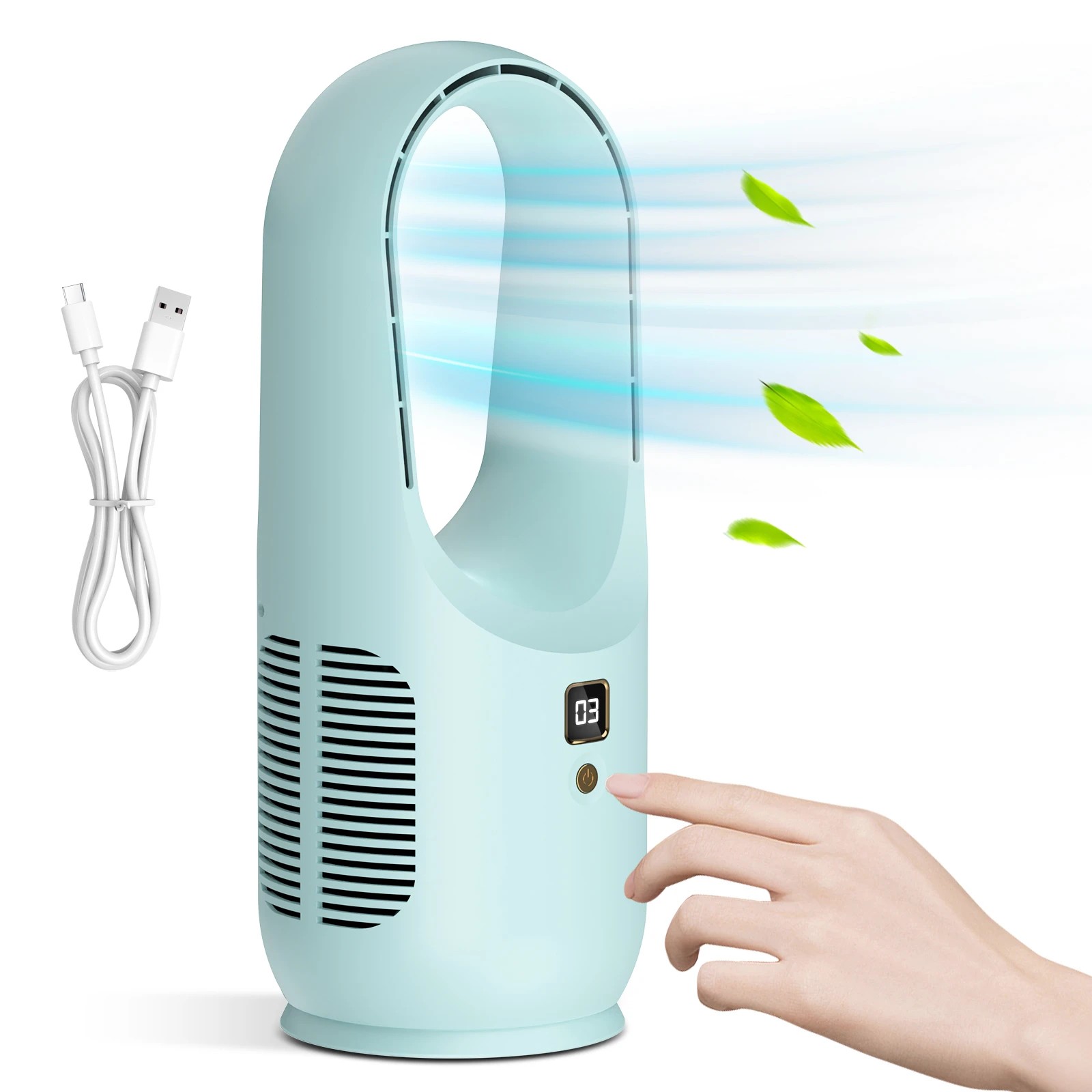 2 ADVWIN USB Desk Fan, Portabl Bladeless Fan Rechargeable Stand Fan for Home, Office, Dorm Blue, 2 of 7