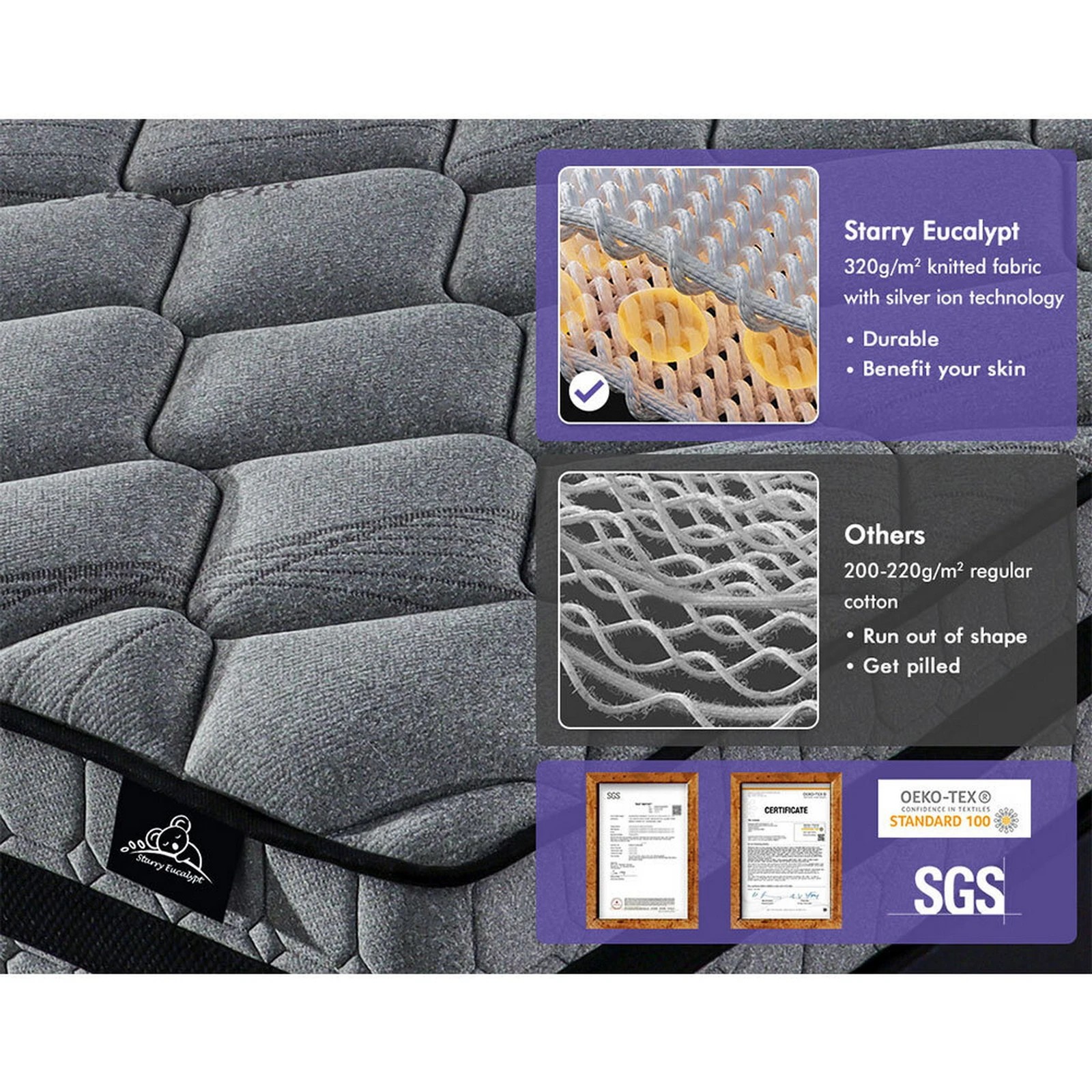 5 Starry Eucalypt Mattress Pocket Spring 3D Mesh Fabric 26cm 7 zone - Single Bed, 5 of 10