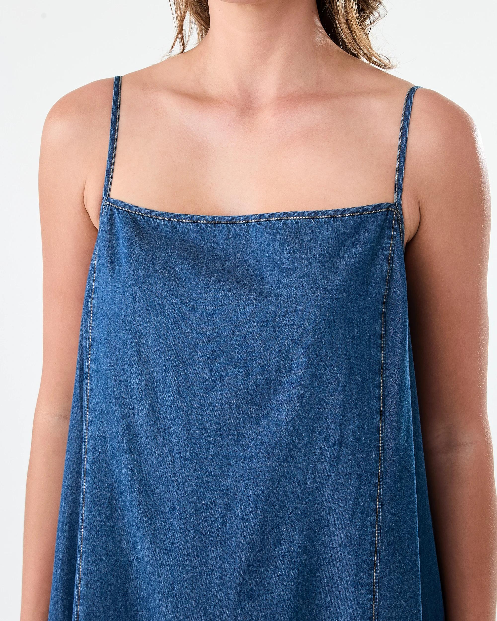 5 Sleeveless Chambray A-Line Maxi Dress Dark Wash, 5 of 6