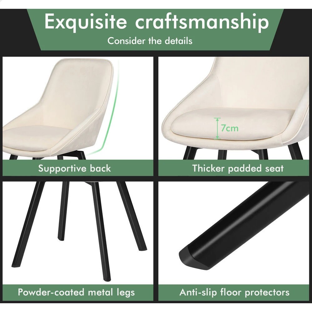 9 Alfordson 2x Dining Chairs Accent Kitchen Swivel Lounge Padded Seat Velvet - Beige, 9 of 10