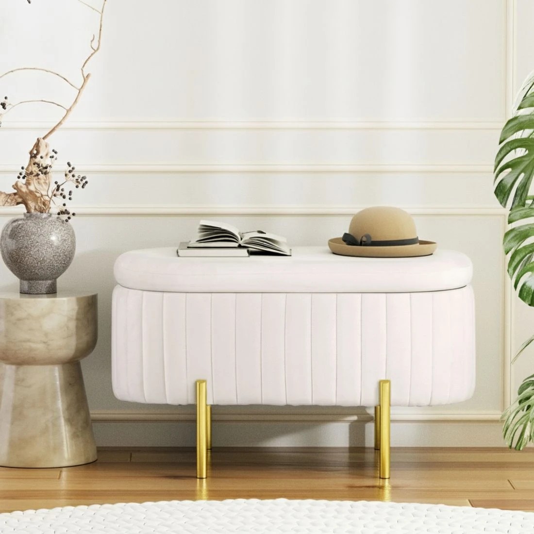 3 Artiss Storage Ottoman Blanket Box 87cm Velvet Oval - White, 3 of 5