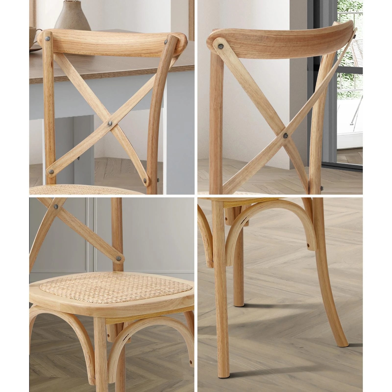 4 Oikiture 4PCS Crossback Dining Chair Solid Birch Timber Wood Ratan Seat - Natural, 4 of 9