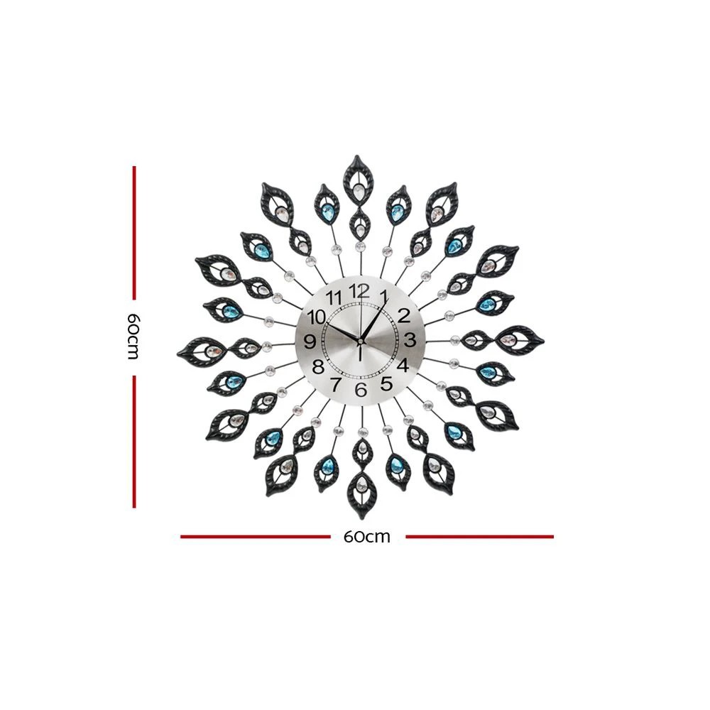 2 Artiss 60cm Wall Clock Large 3D Peacock Crystal - Black, 2 of 5