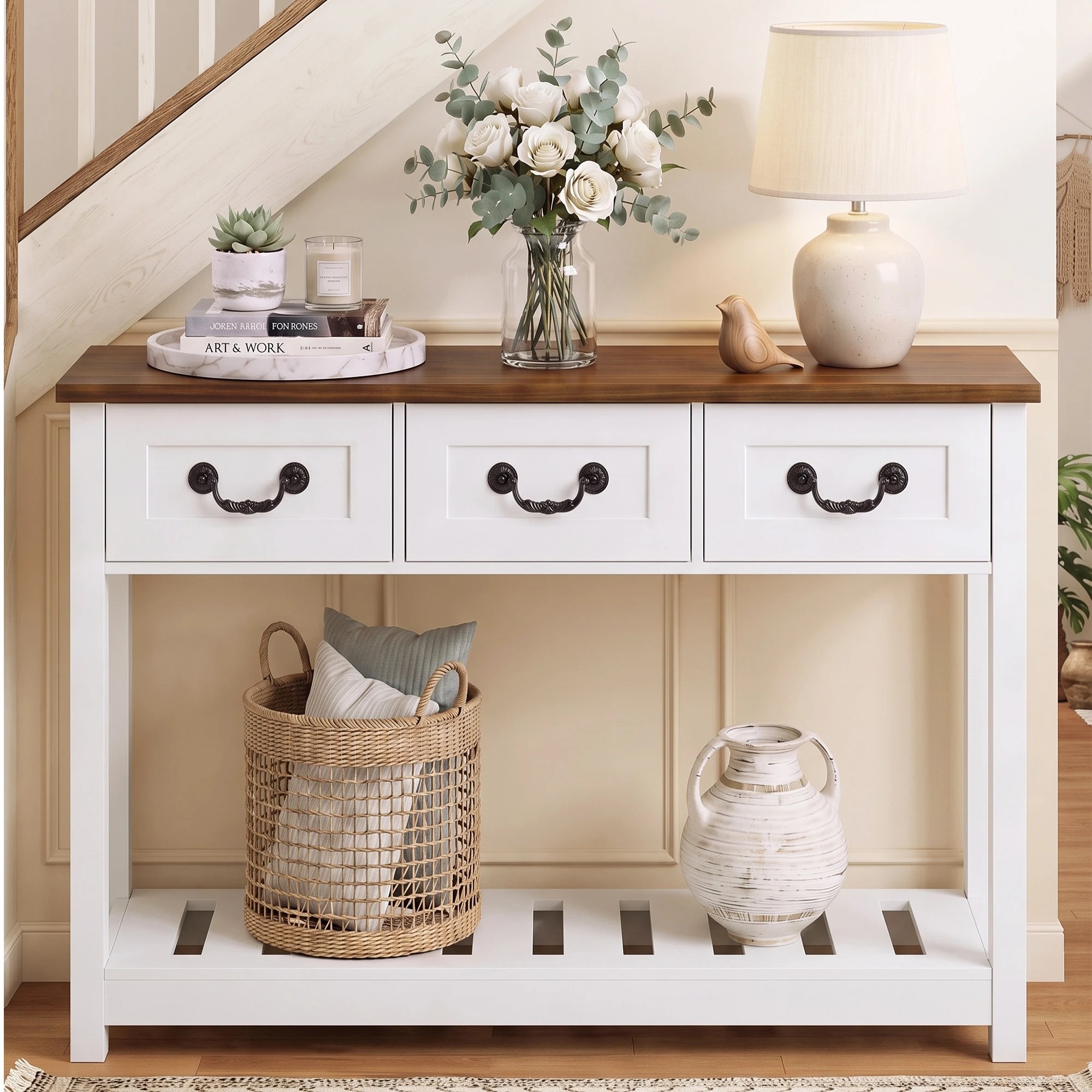 7 Advwin 100cm Console Table with 3 Drawers & Open Shelf Vintage Narrow Hallway Table - White, 7 of 8