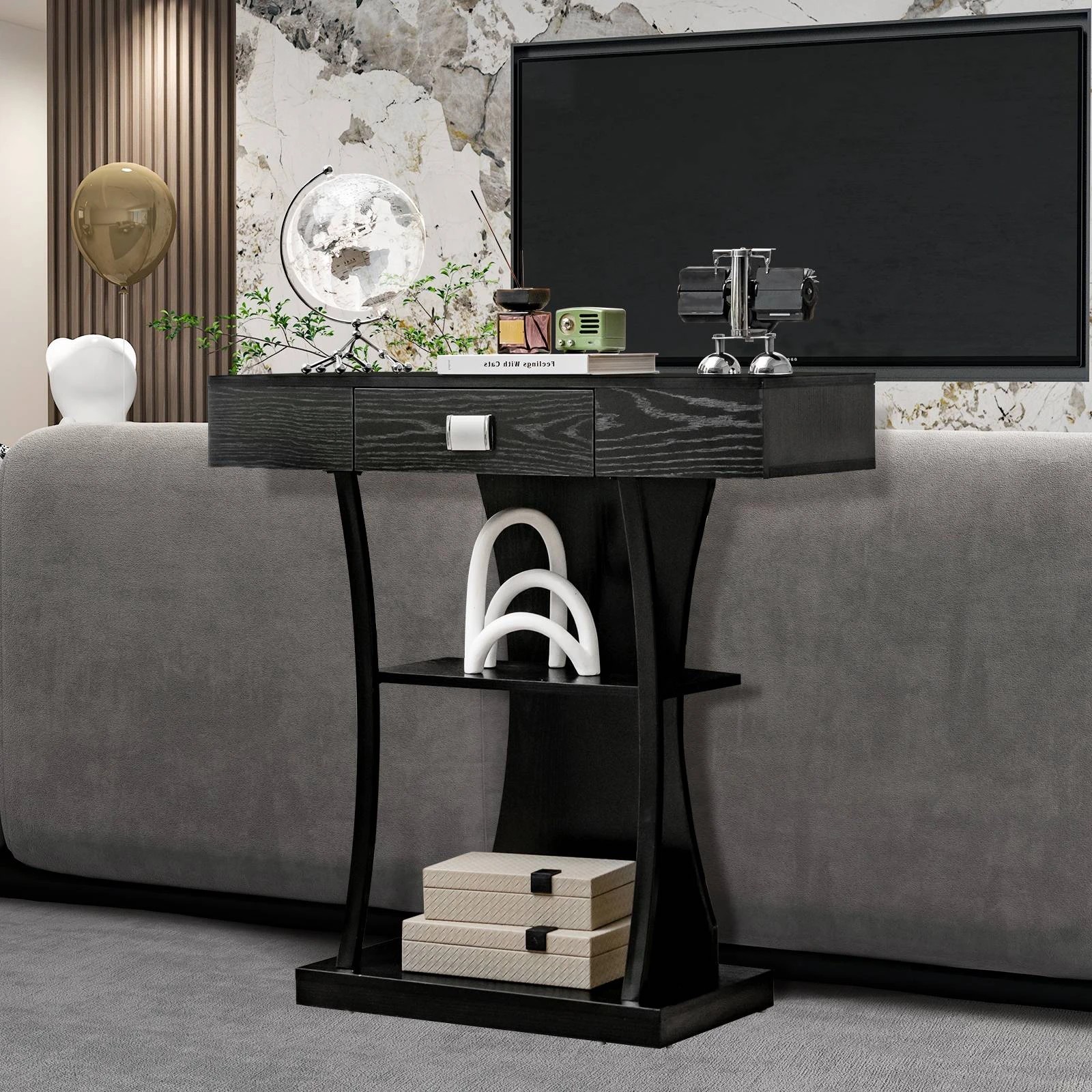 4 Costway 3-Tier Console Table Side Table Classical Hallway Table Entry Table, 4 of 5