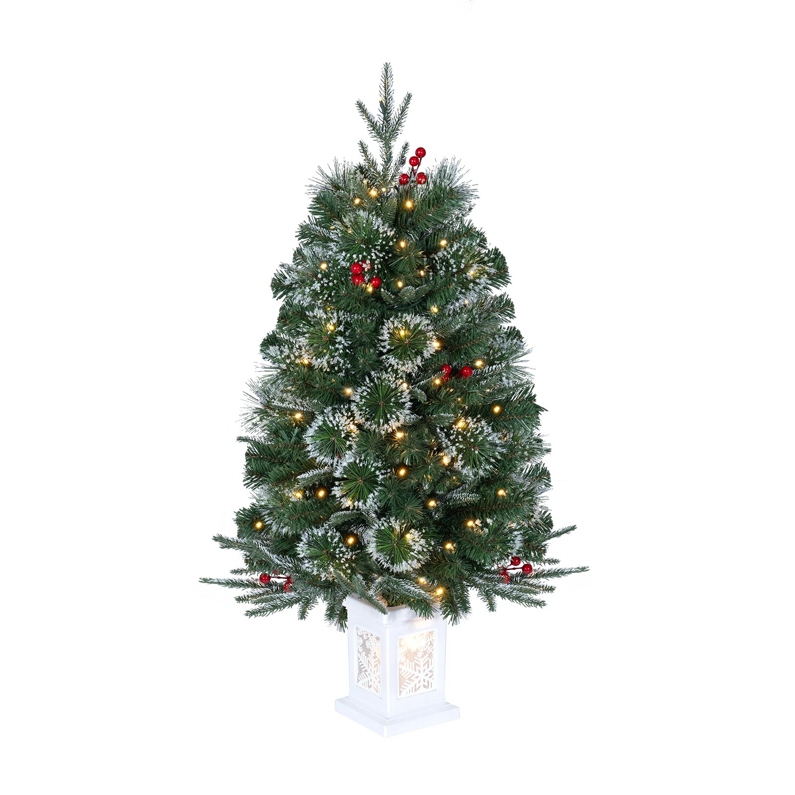 1 Costway 90cm Pre-Lit Potted Christmas Tree Artificial Frosted Xmas Tree w/Red Berries, 1 of 2