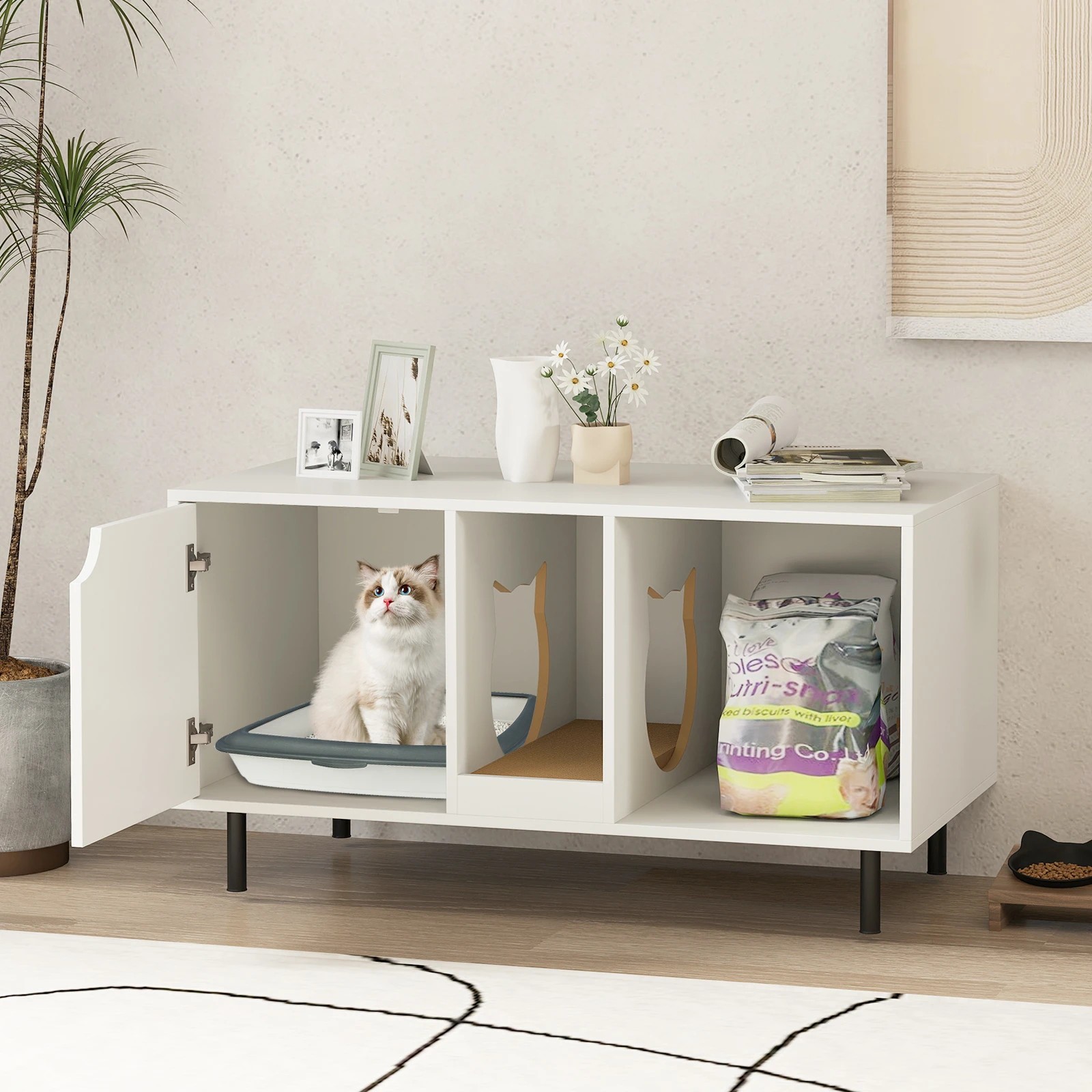 4 Costway Cat Litter Box Enclosure Hidden Cat Cabinet w/Scratching Board, 4 of 5
