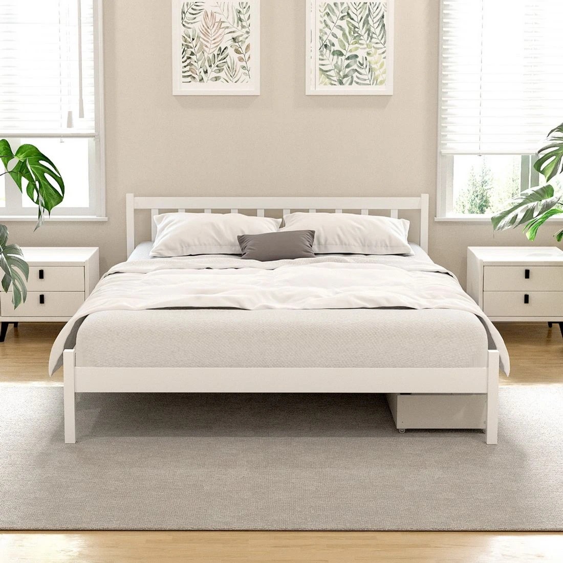 6 Artiss Bed Frame Queen Size Wooden Platform With 2 Storage Drawers
 - White, 6 of 6