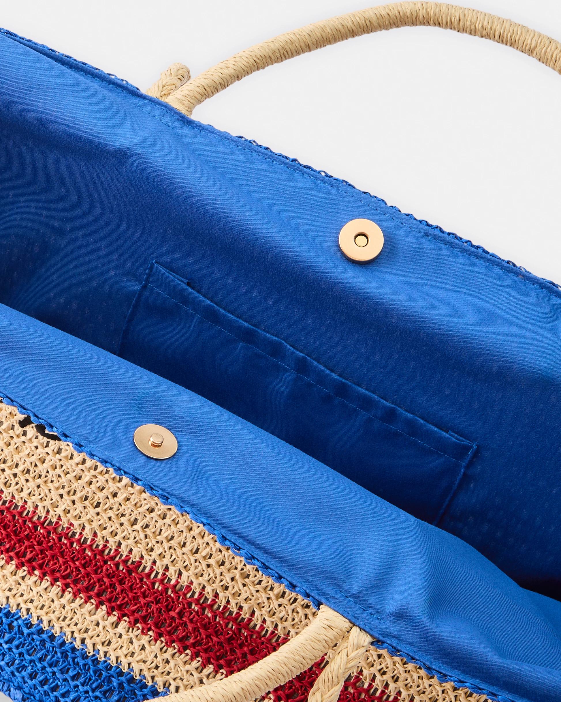 4 Basket Straw Tote Bag Beach Strp, 4 of 5