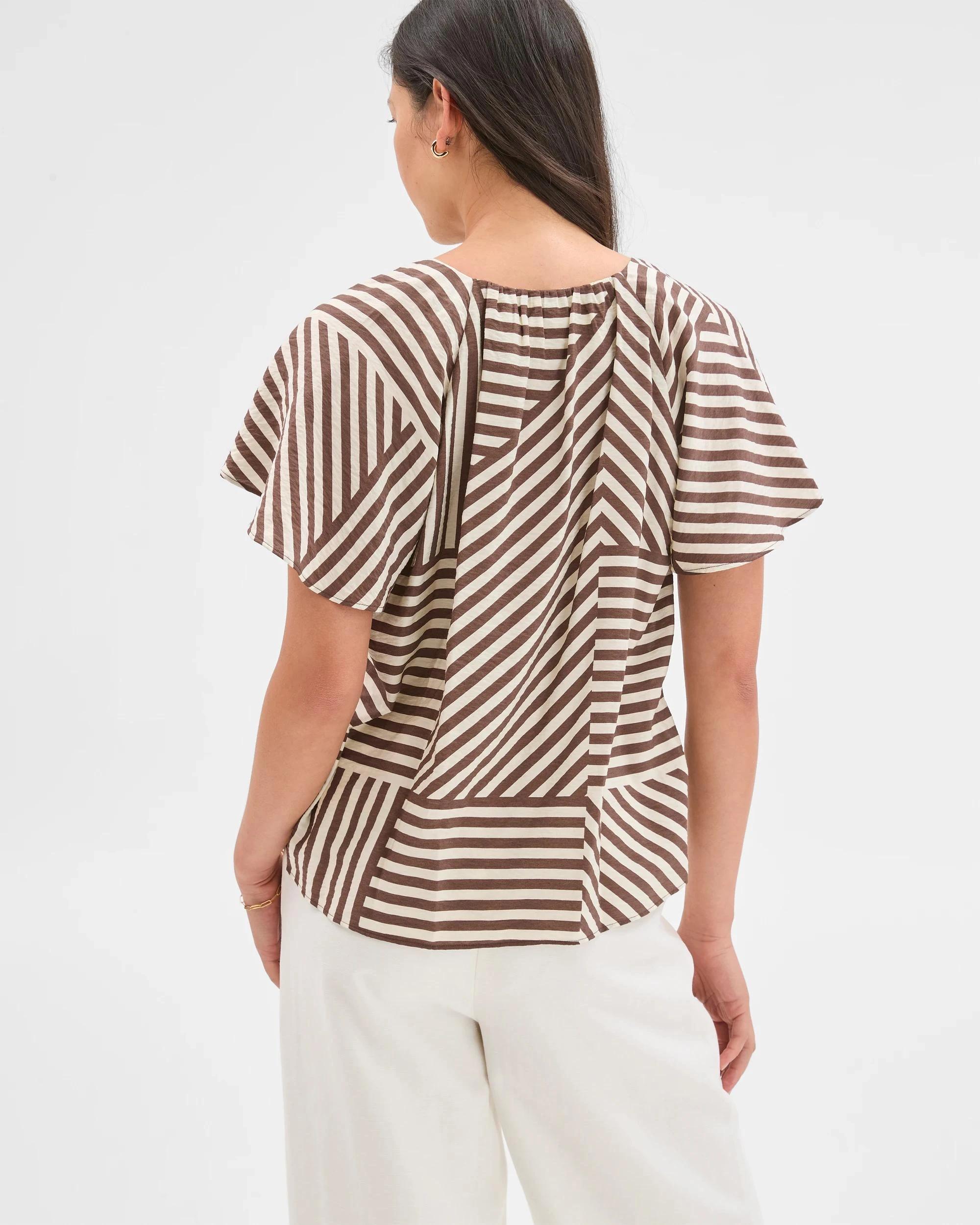 5 Preview Short Sleeve Belted Blouse GANACHE STRIPE, 5 of 7