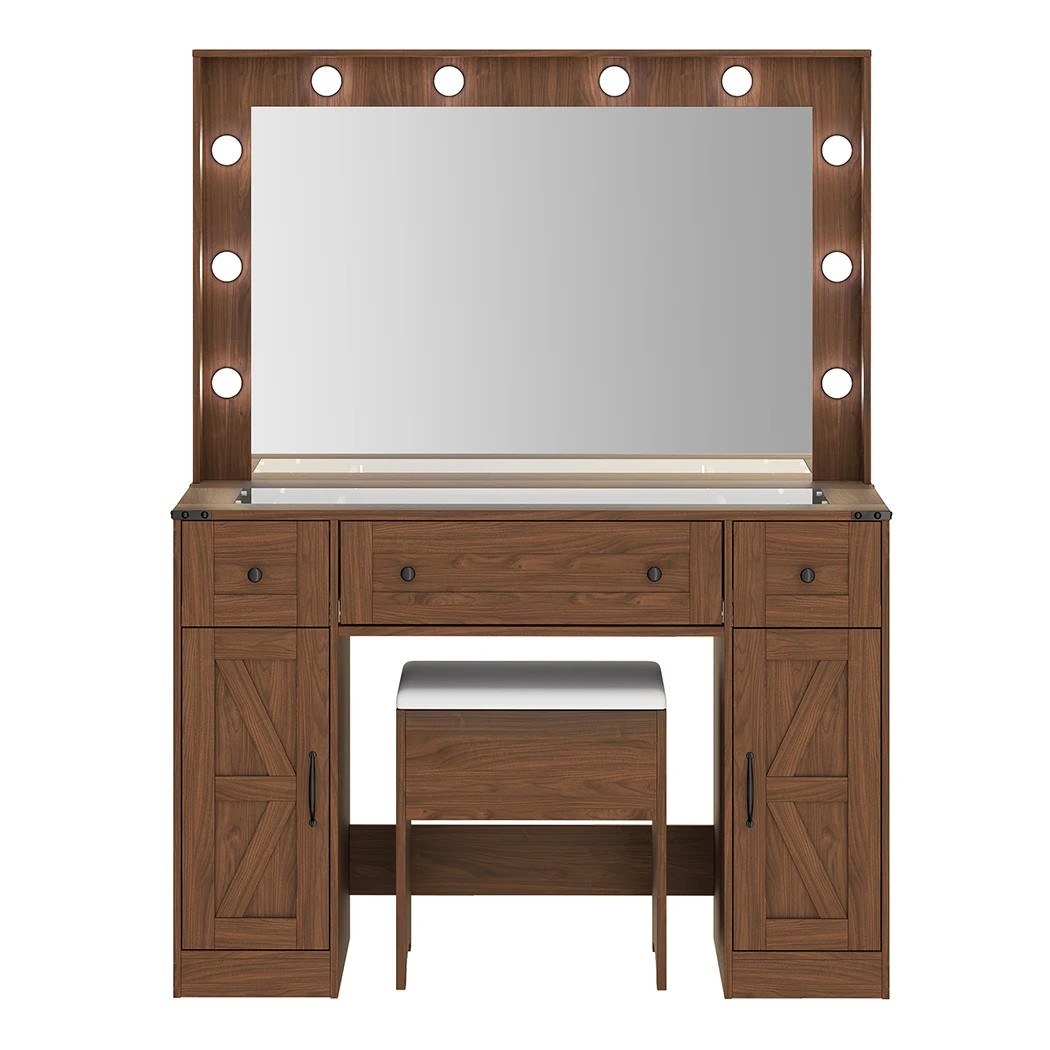 2 Levede Dressing Table with Hollywood Makeup Mirror and Lights Brown, 2 of 6