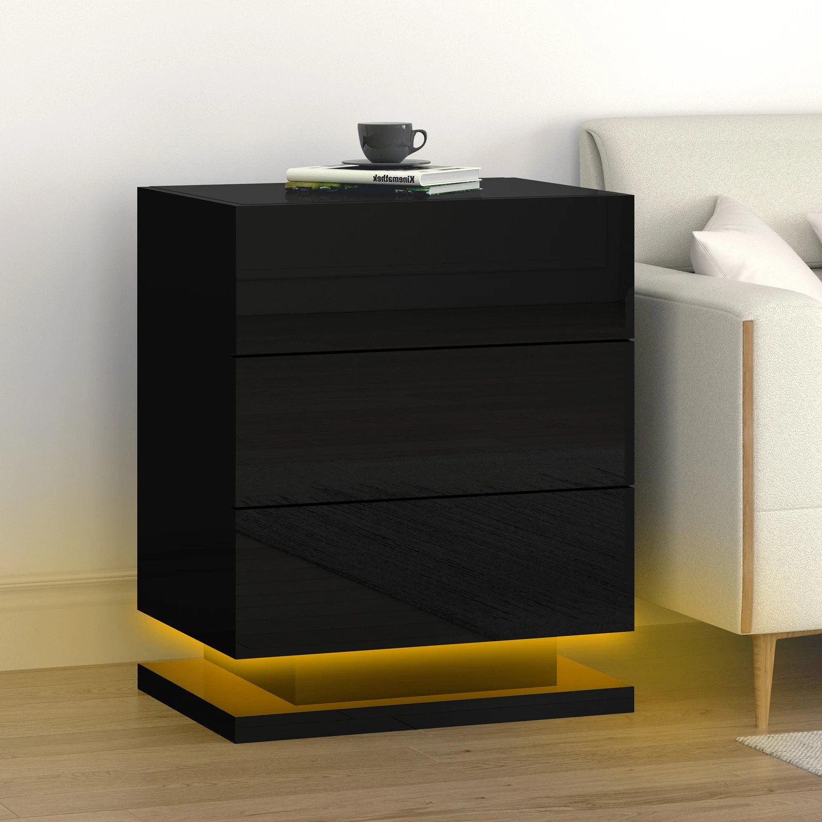 4 Alfordson 2x Bedside Table LED Nightstand 3 Drawers High Gloss - Black, 4 of 10