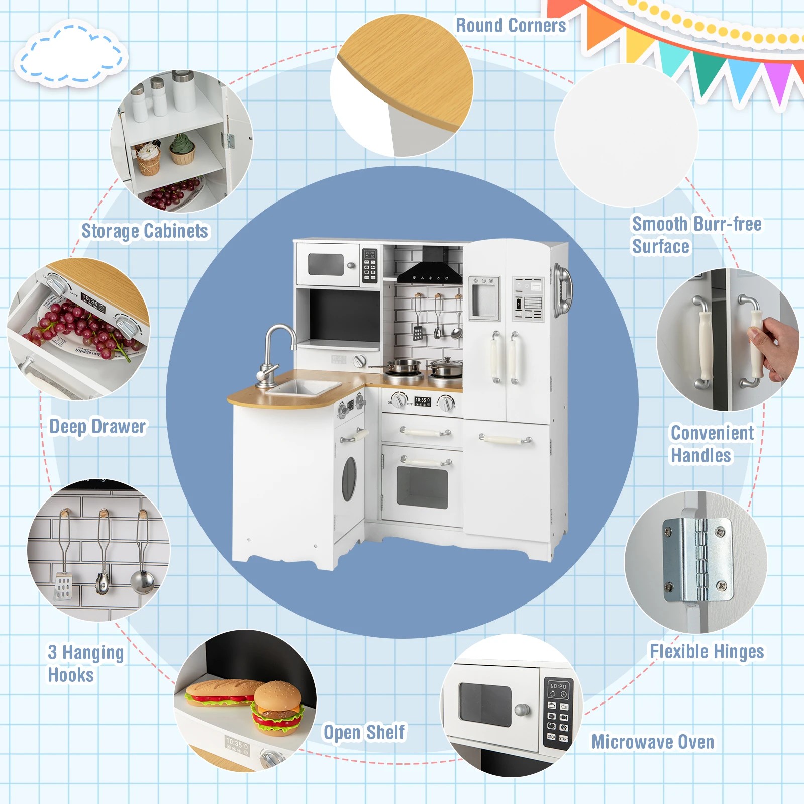 3 Costway Corner Play Kitchen Wood Pretend Cooking Toy, 3 of 9