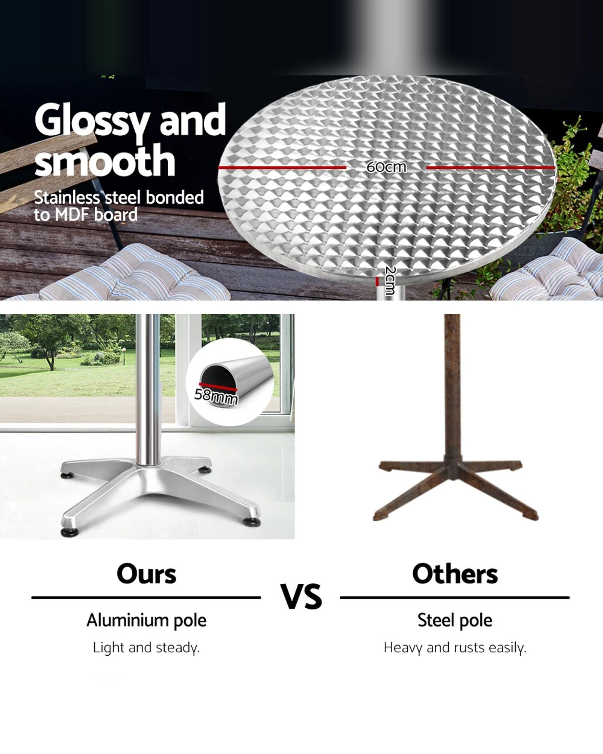 3 Gardeon Outdoor Bar Table Adjustable Aluminium Round 70/110cm - Silver, 3 of 6