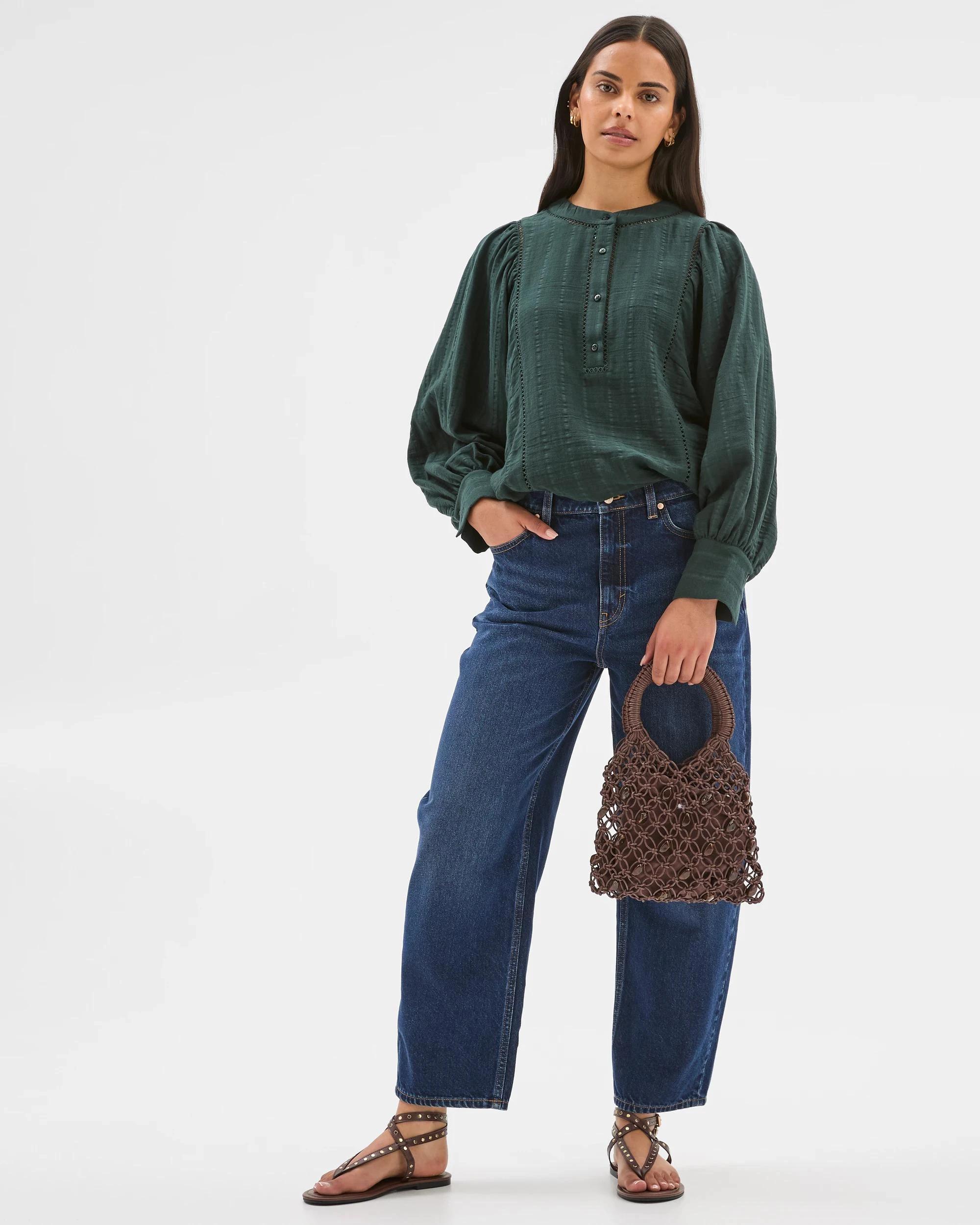 2 Target Woman Double Cloth Long Puff Sleeve Lace Trim Shirt MIDNIGHT JADE, 2 of 7