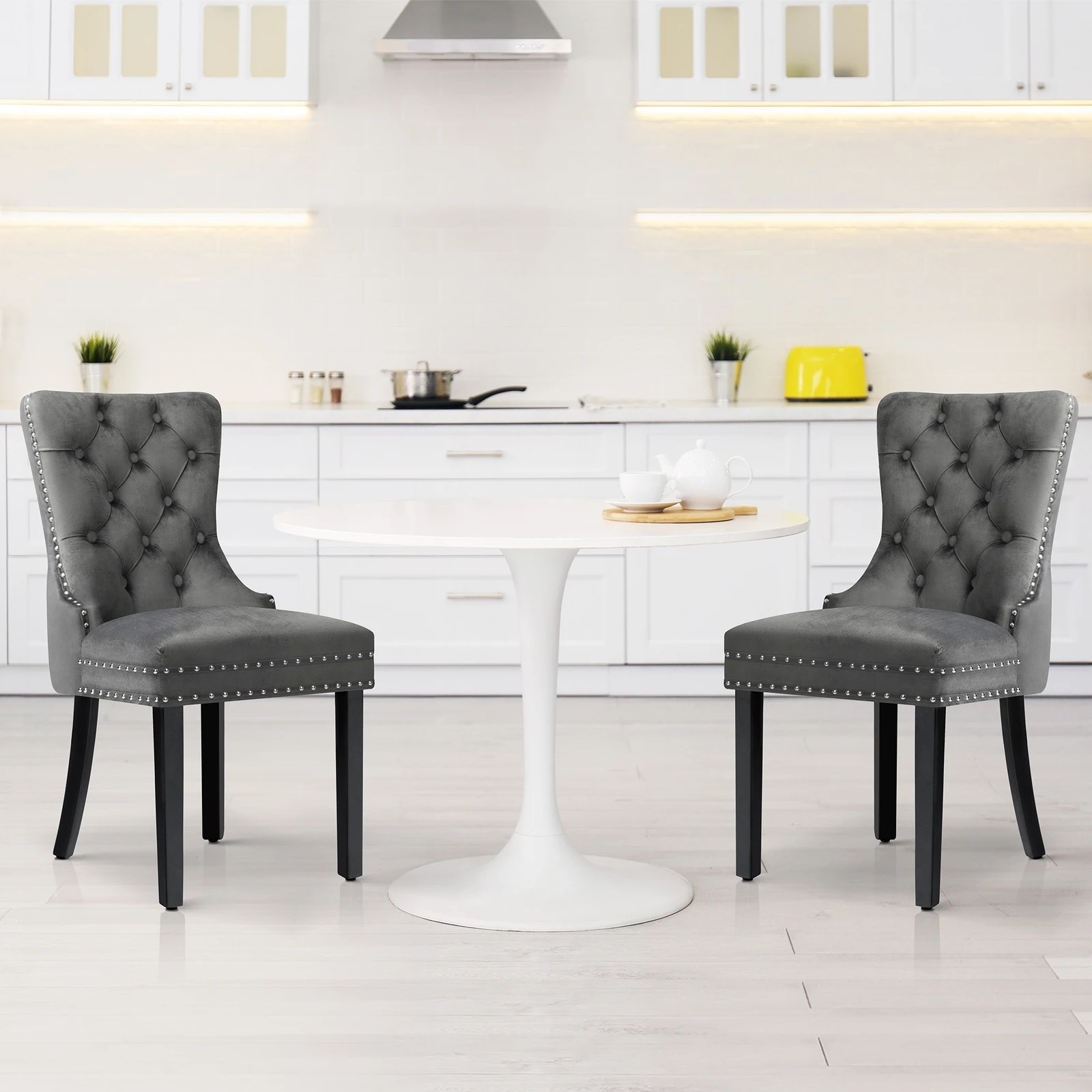 6 Alfordson 2x Dining Chair Kitchen Lounge Retro Button Tufted Wooden Velvet - Grey, 6 of 10