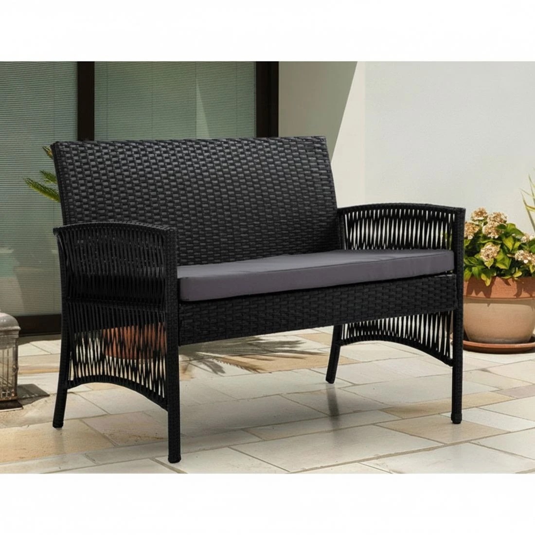 3 Gardeon 4PCS OutdoorSofa Set with Storage Cover Wicker Harp Chair Table - Black, 3 of 5